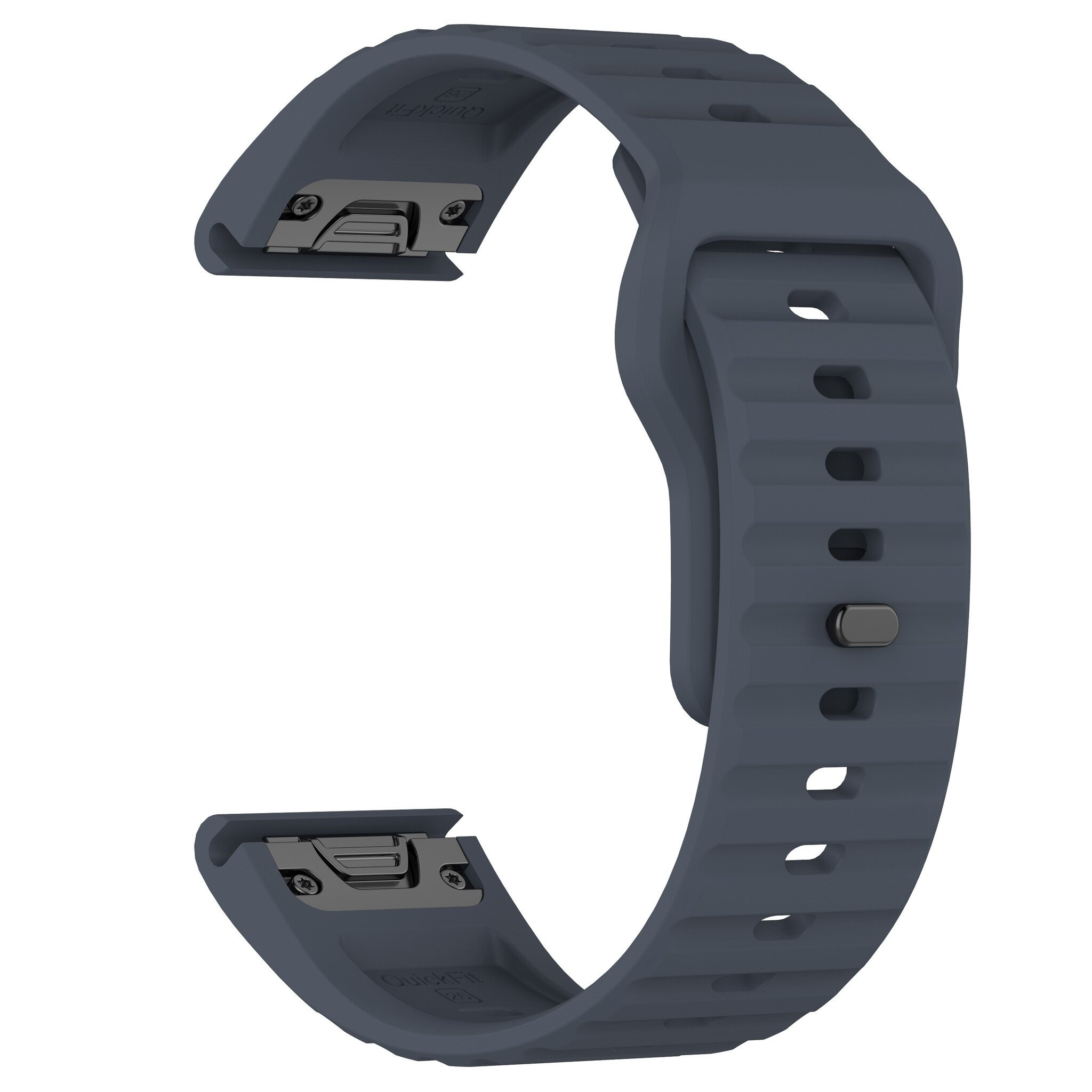 Dunkelblaues Armband mit silbernen Verschlüssen, gebogenes Design und detaillierte Rippen.