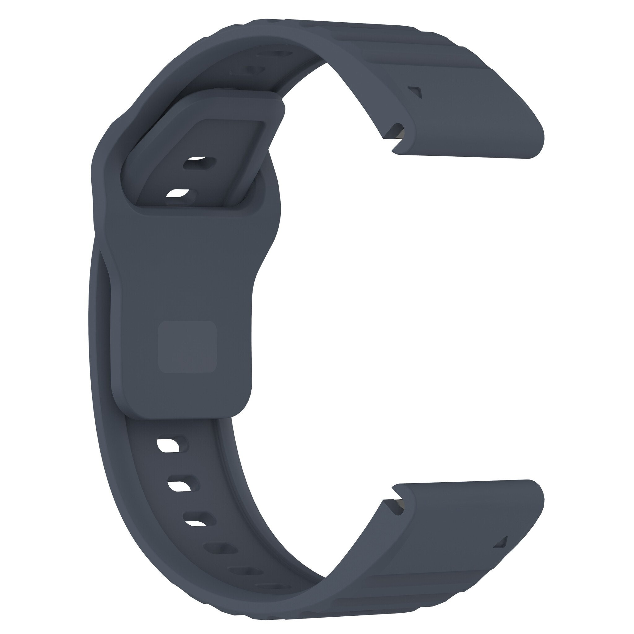 Ein dunkelblaues Uhrenarmband, gebogen mit einem Verschluss oben und Löchern unten.