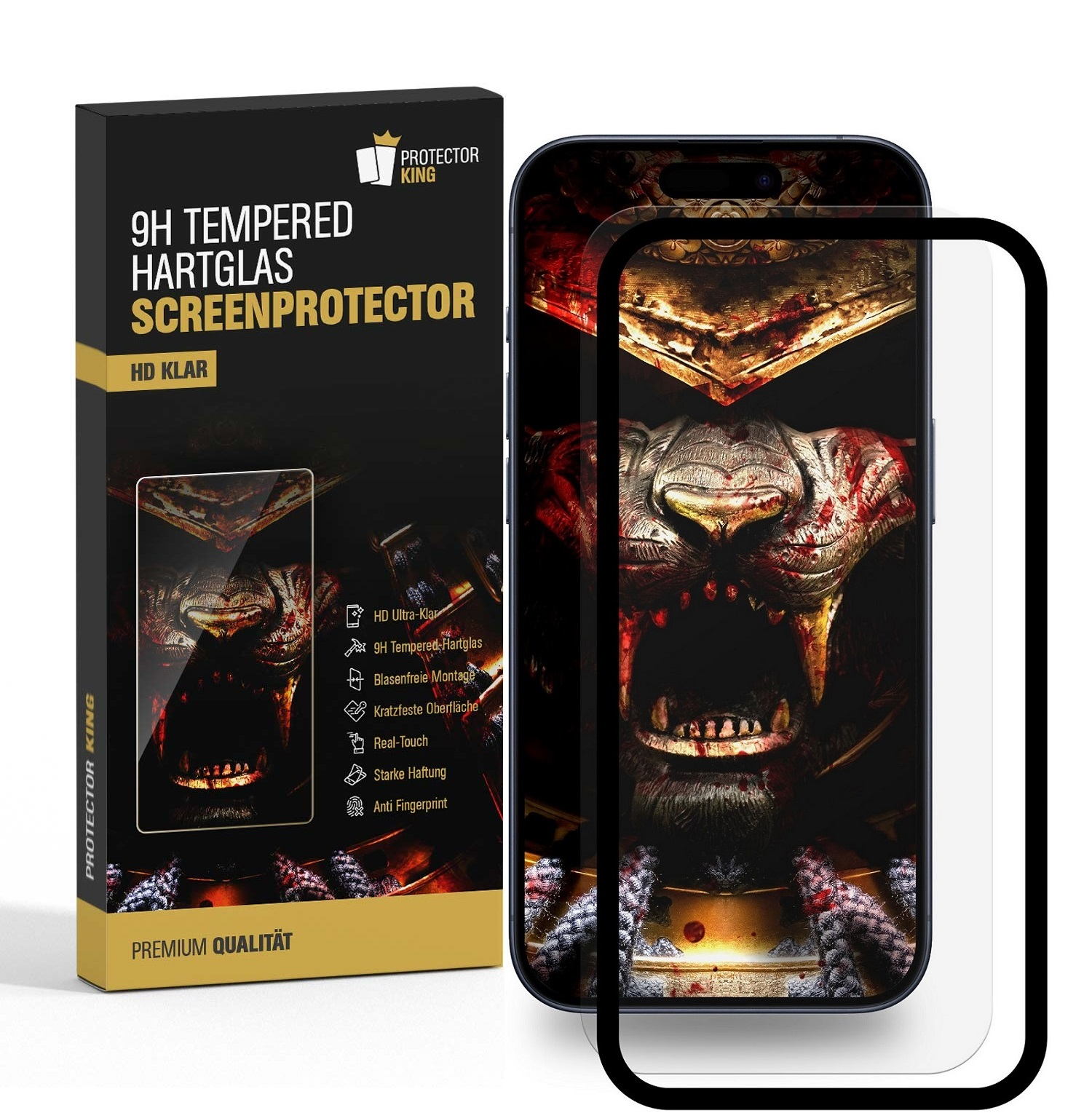 Telefon und Displayschutzbox. Die Box zeigt eine Tigergrafik und '9H Tempered Glass'.