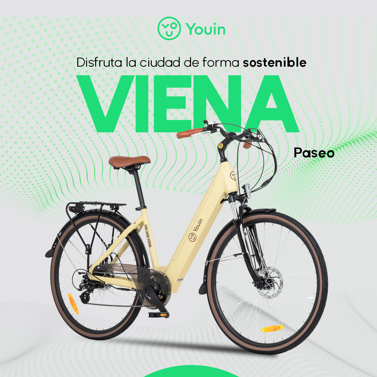 Żółty rower, brązowe detale, na tle zielonym ze słowem VIENA.