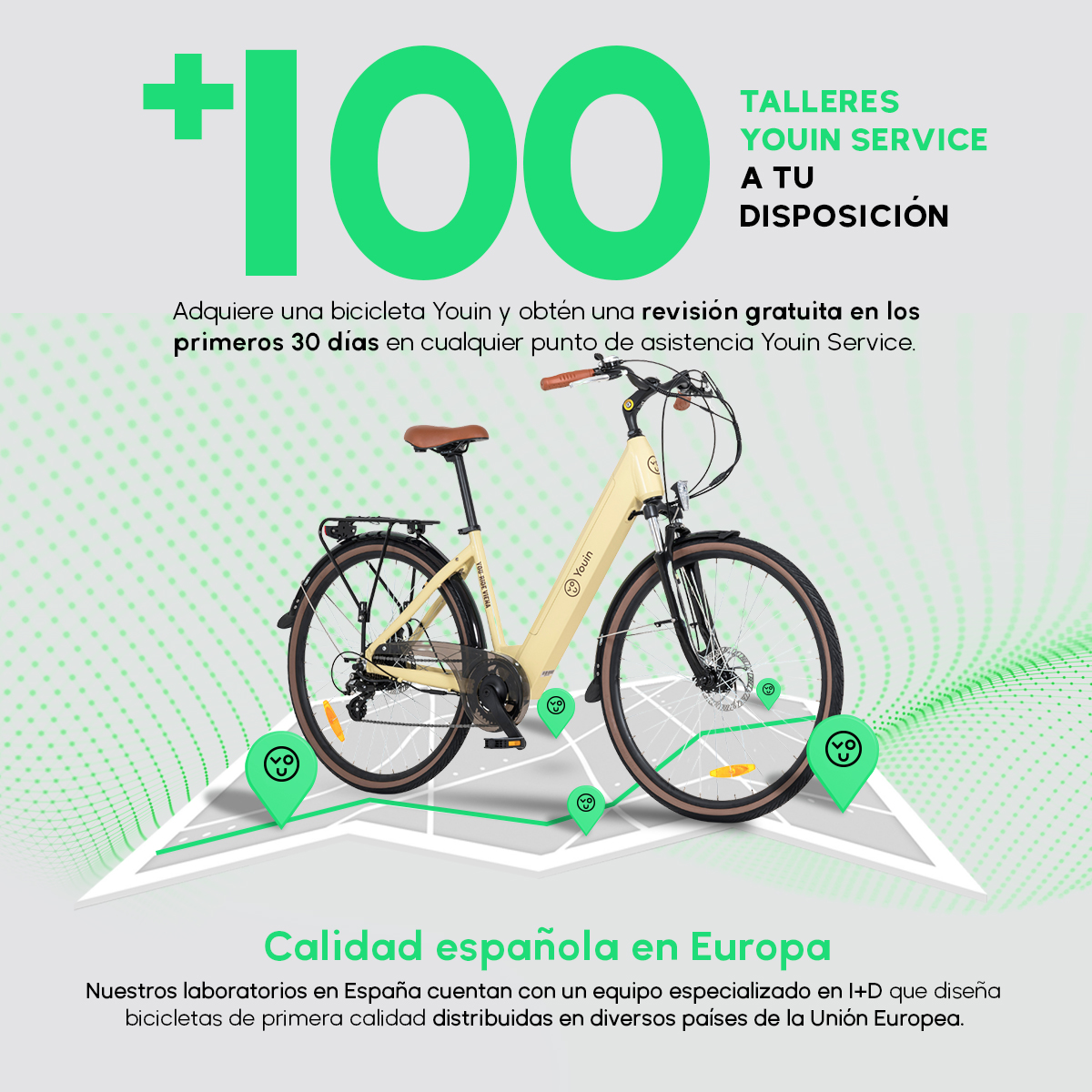 Żółty rower z tekstem i ikonami, promujący Youin Service z naciskiem na obsługę klienta.