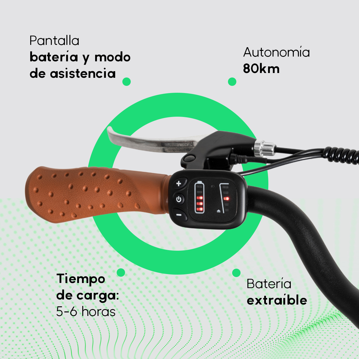 Zbliżenie kierownicy roweru elektrycznego. Bateria i tryb wspomagania.