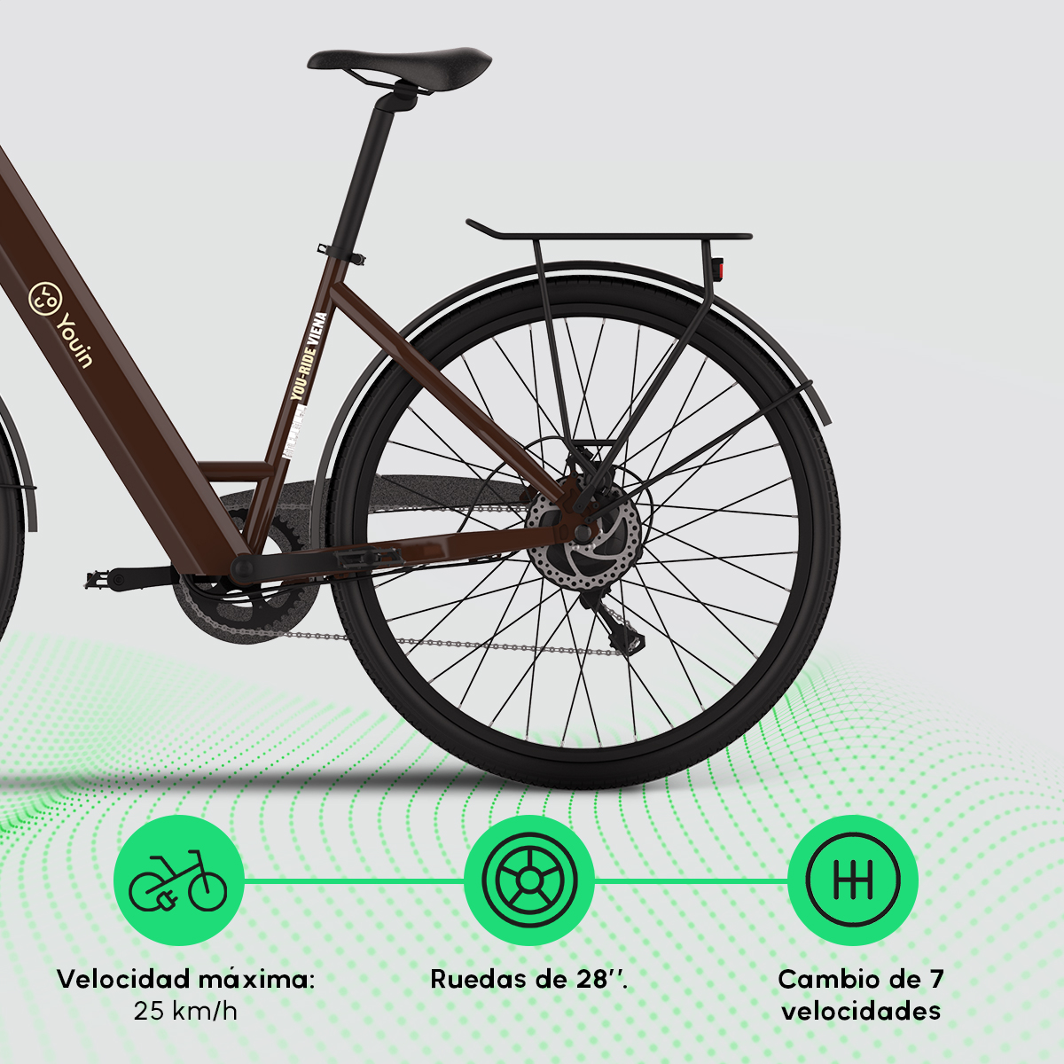 Brązowy rower elektryczny z czarnymi detalami. Zielone ikony wskazują prędkość, rozmiar kół i biegi.