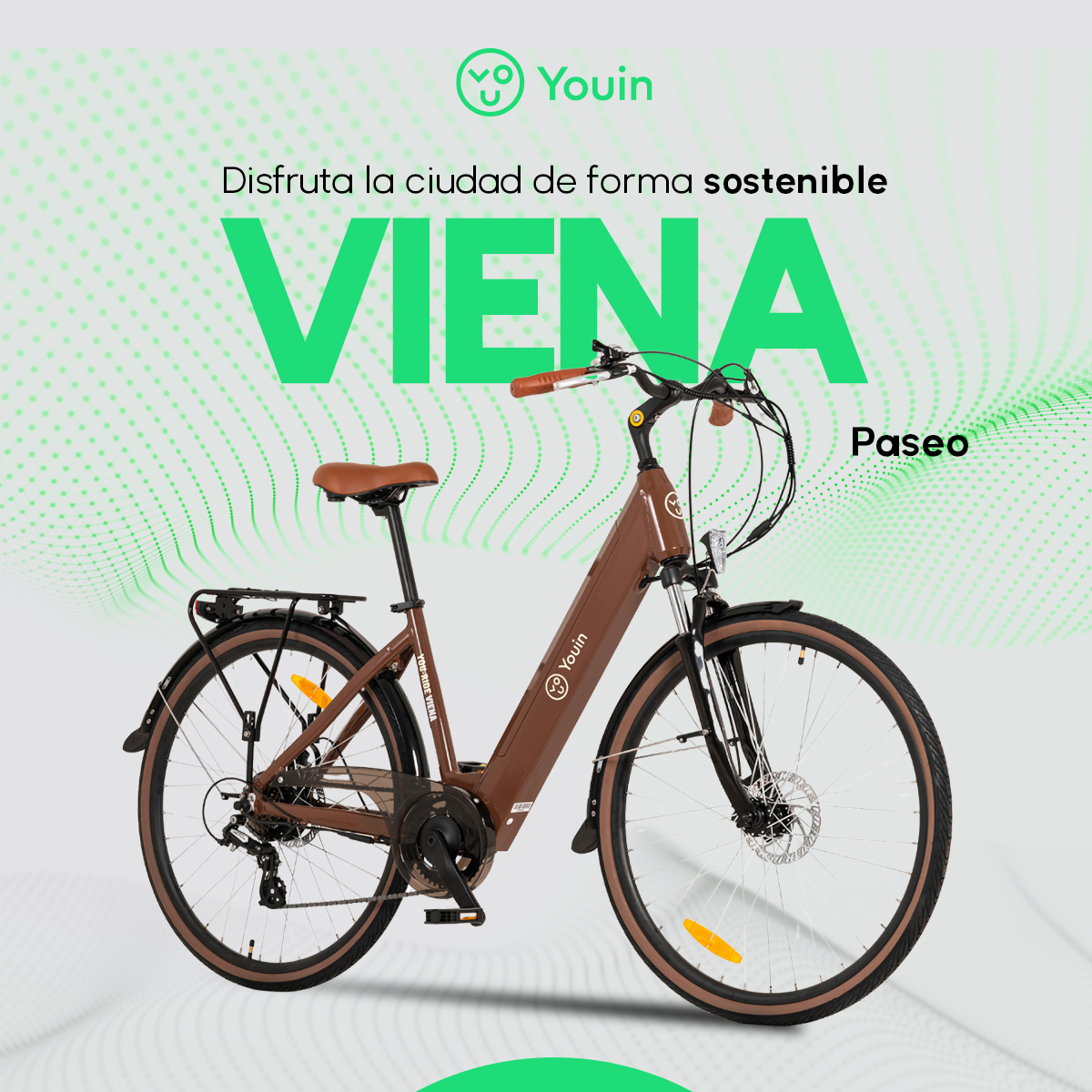 Brązowy rower Youin Viena z brązowym siodełkiem i kierownicą na białym tle.