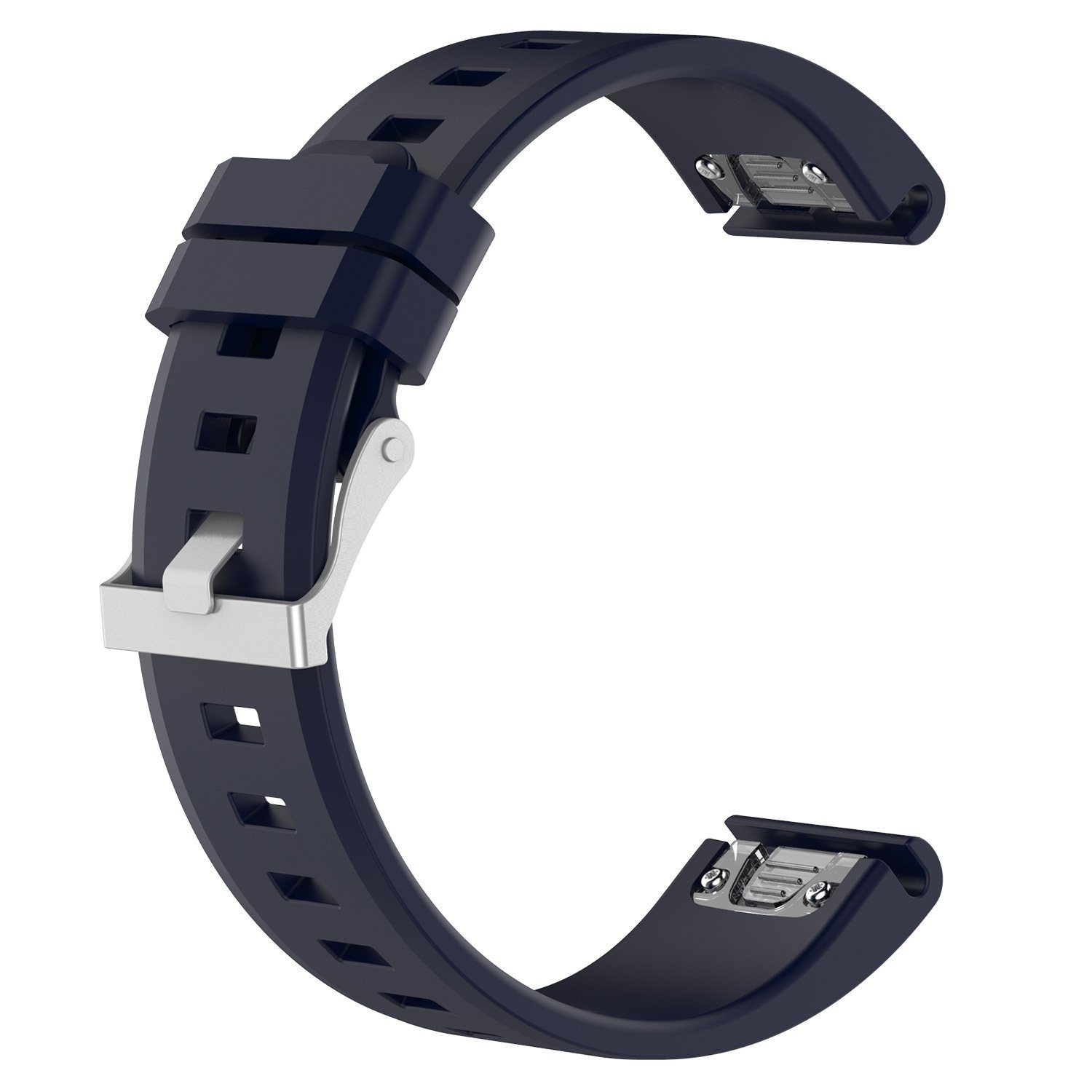 Dunkelblaues Uhrenarmband mit silberner Schnalle, auf weißem Grund.