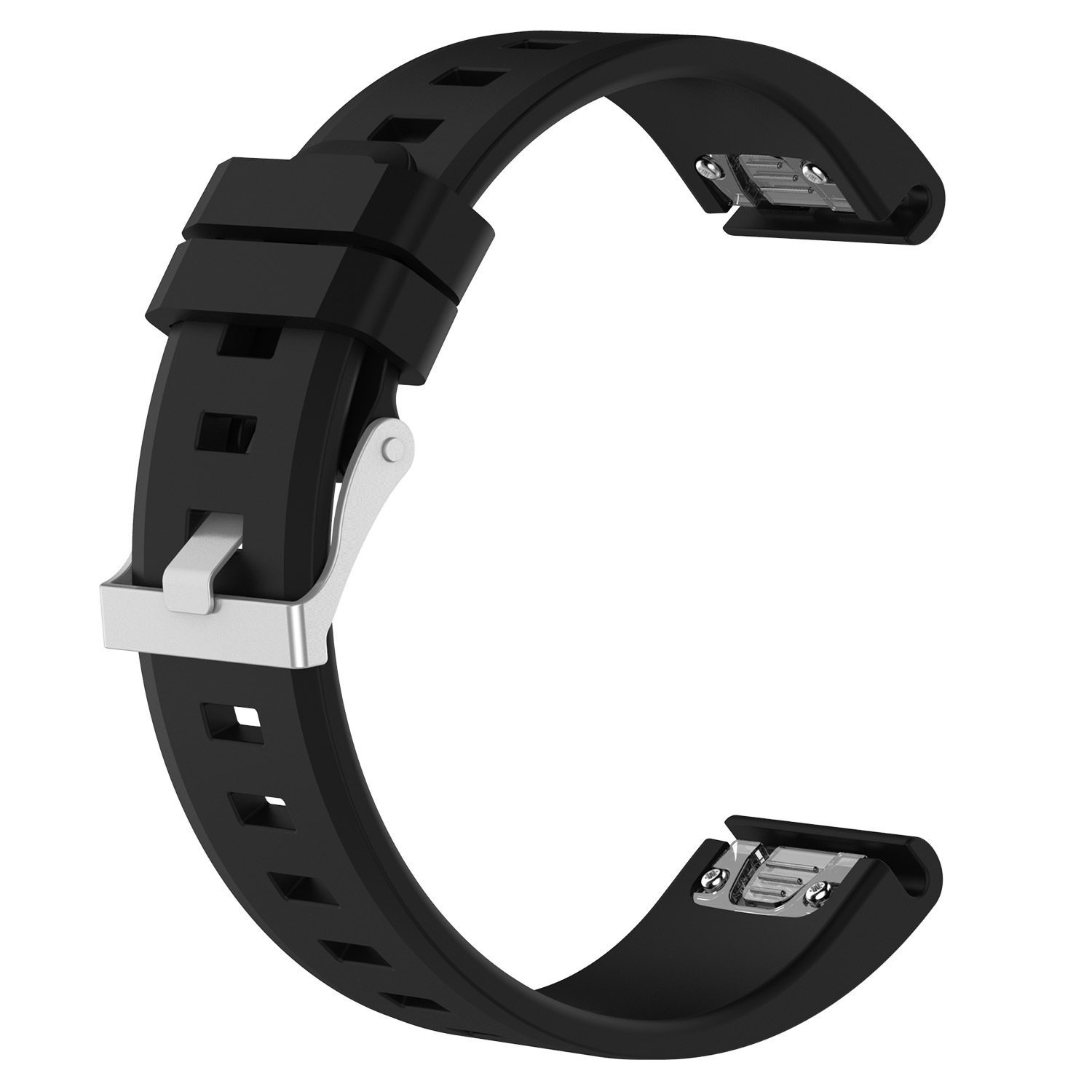 Ein schwarzes Uhrenarmband mit silberner Schnalle, es hat C-Form.