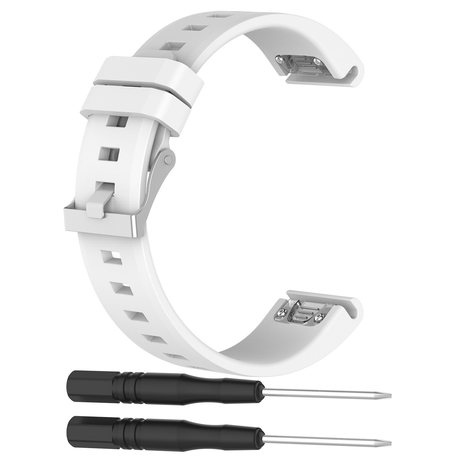 Weißes Uhrenarmband mit Schnalle, darunter zwei schwarze Schraubendreher.