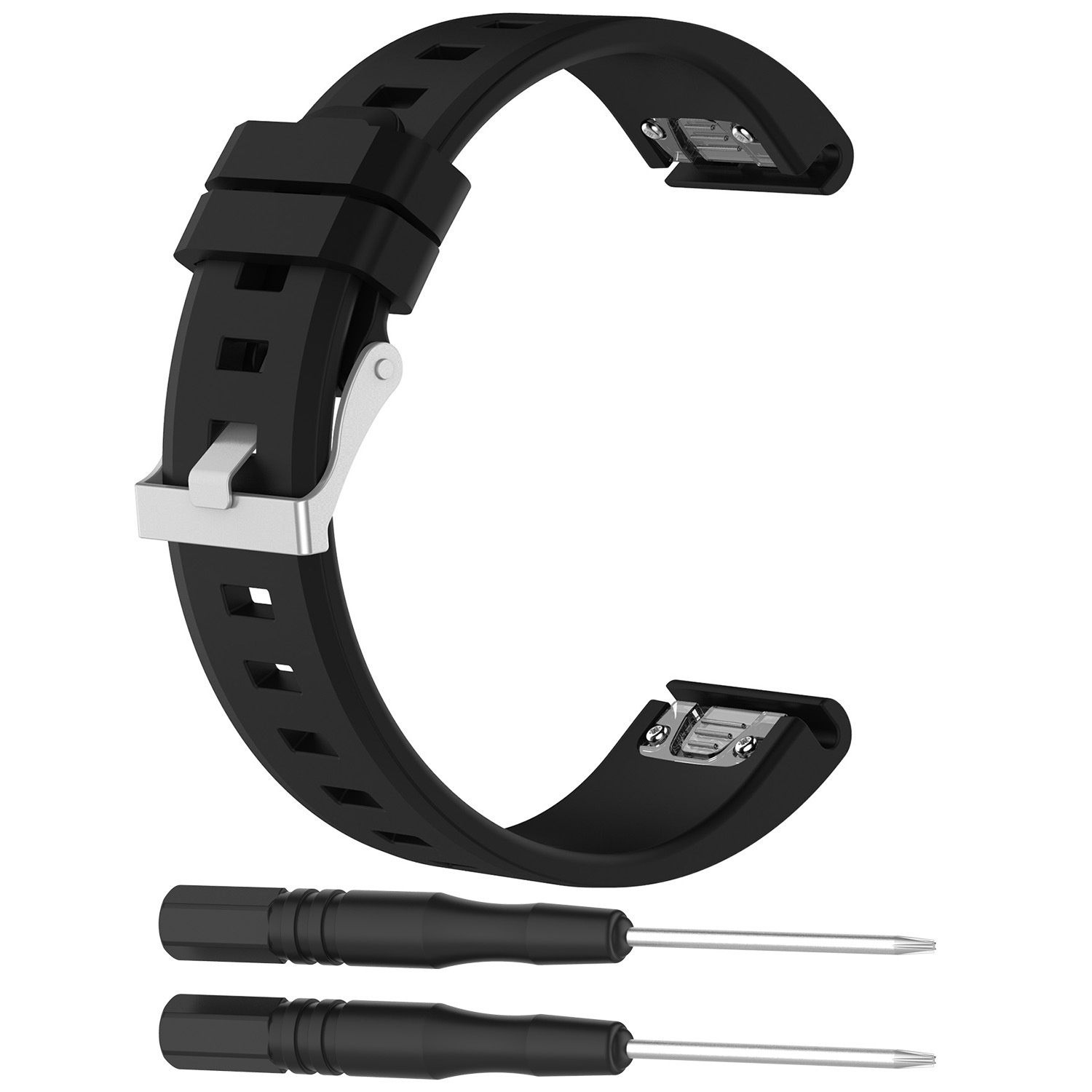 Schwarzes Uhrenarmband mit silberner Schnalle und zwei schwarzen Werkzeugen auf weißem Grund.
