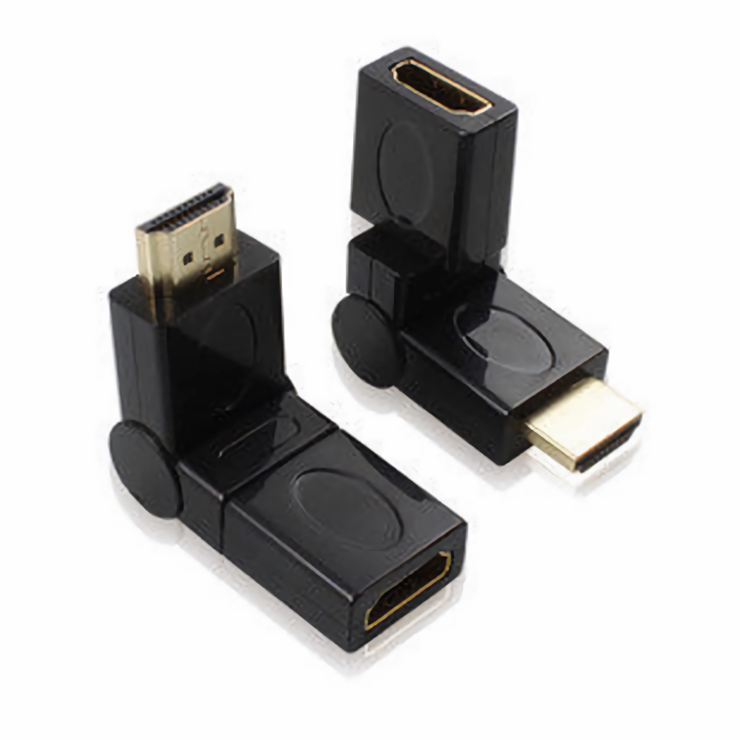 Zwei schwarze HDMI-Adapter. Sie haben goldene Anschlüsse und sind abgewinkelt.