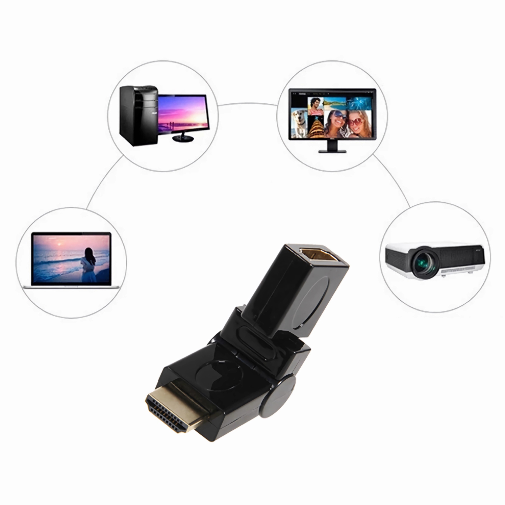 Ein schwarzer HDMI-Adapter mit Laptop, Projektor und Computer, die seine Verwendung mit angeschlossenen Geräten veranschaulichen.