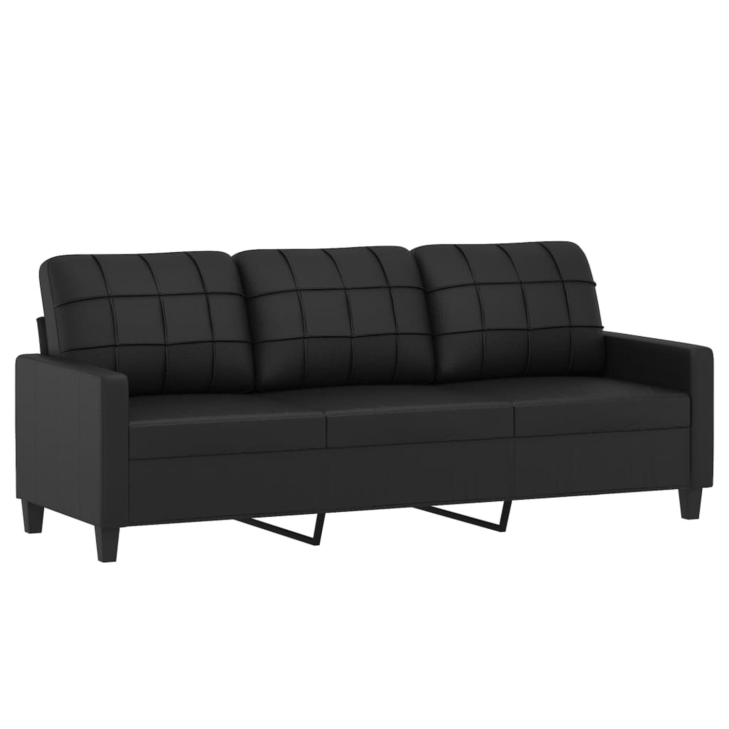 Schwarzes Ledersofa mit drei Kissen, auf weißem Hintergrund.