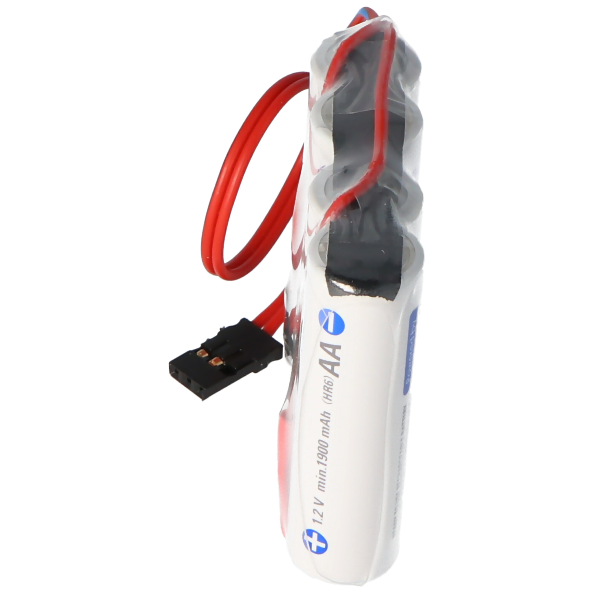 Eine verpackte Packung AA-Batterien mit rotem Draht und einem Stecker.