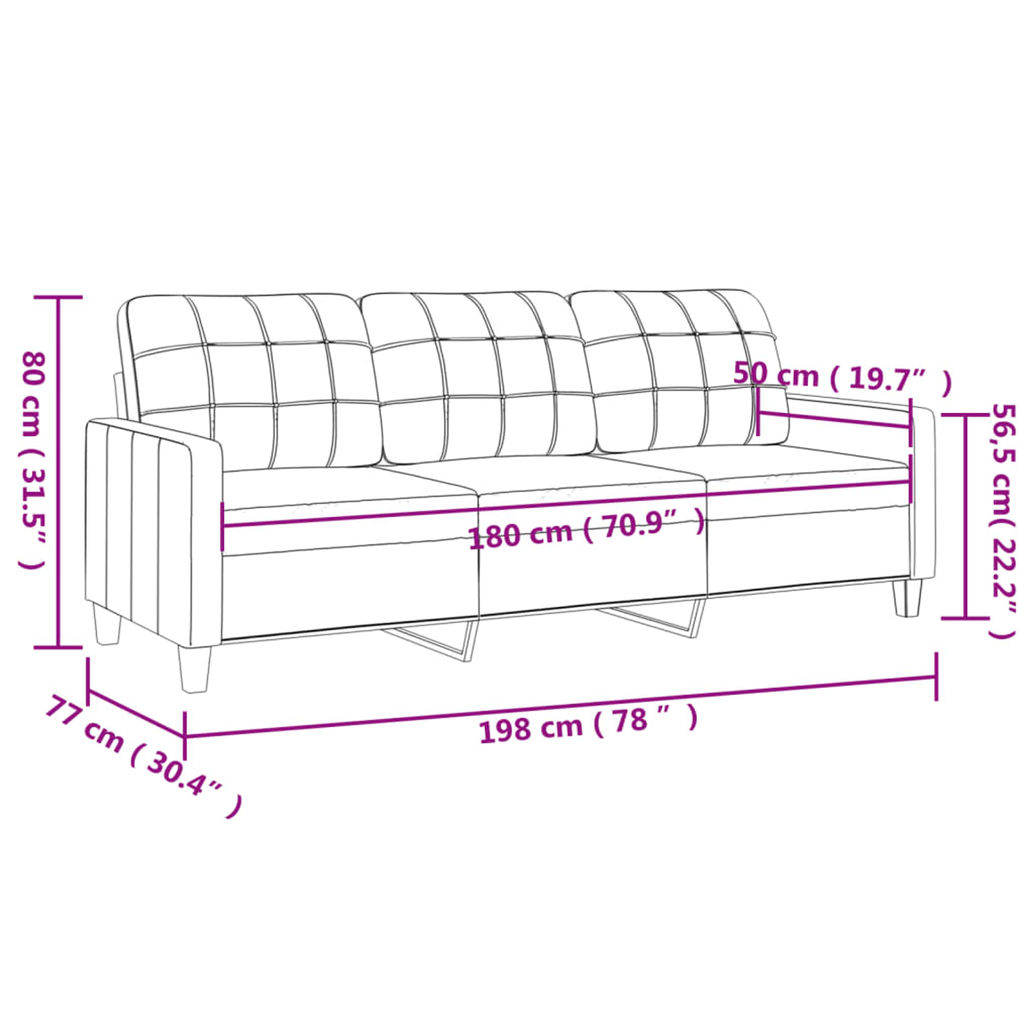 Sofa mit Maßen: 198cm lang, 80cm hoch, 77cm tief, mit Karomuster.