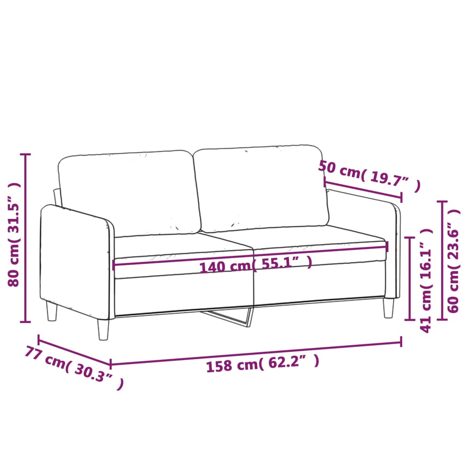 Zweisitzer-Sofa mit Maßen. Das Sofa ist beige, mit dunkelgrauem Stoff und Holzbeinen.
