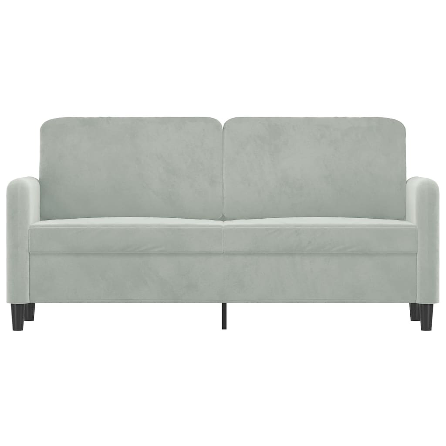 Ein hellgraues Sofa auf weißem Hintergrund. Das Sofa hat zwei Kissen und schwarze Beine.