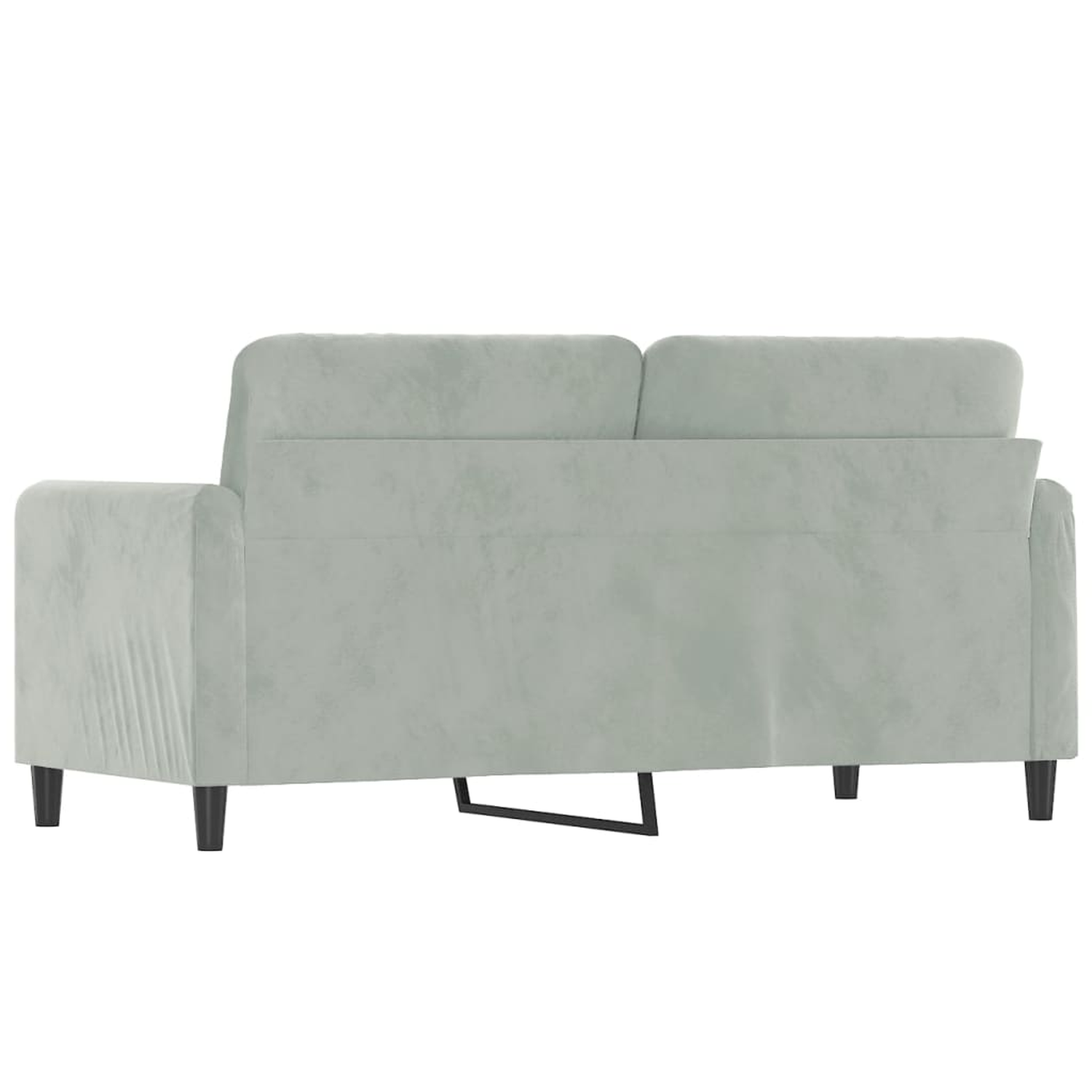 Graues Sofa von hinten mit schwarzen Beinen und einer Metallstütze.