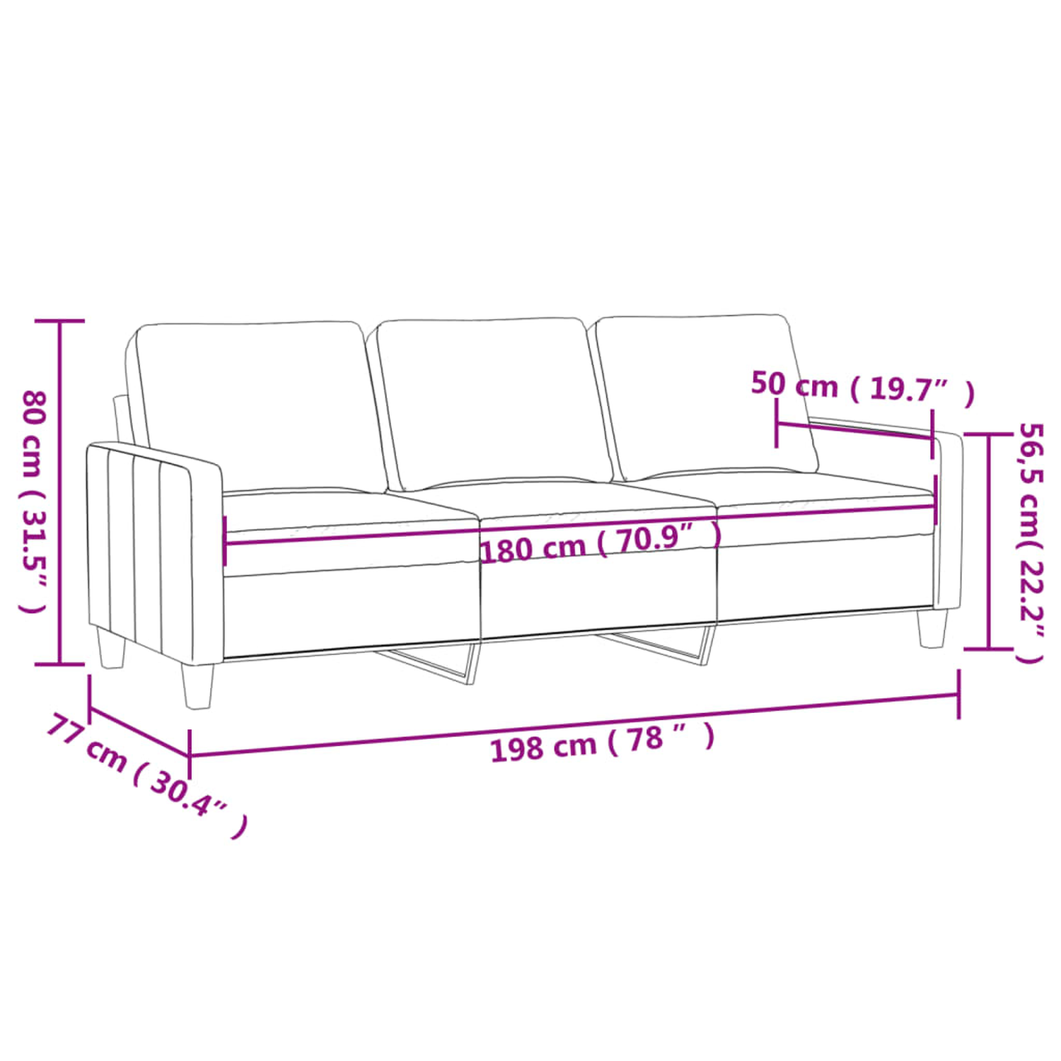 Diagramm mit den Abmessungen eines Sofas. Länge: 198 cm, Breite: 80 cm, Tiefe: 77 cm, Sitztiefe: 50 cm.
