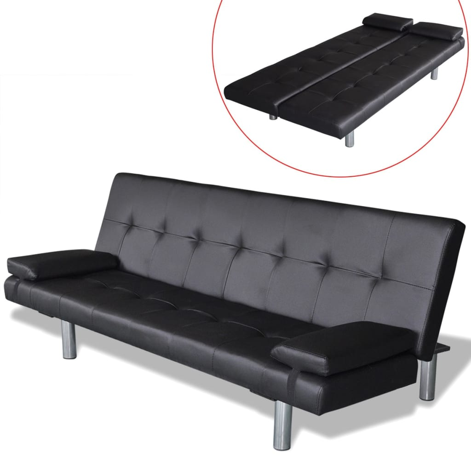 Schwarzes Sofa mit silbernen Beinen. Es ist ein Schlafsofa, im Inset gefaltet und entfaltet gezeigt.