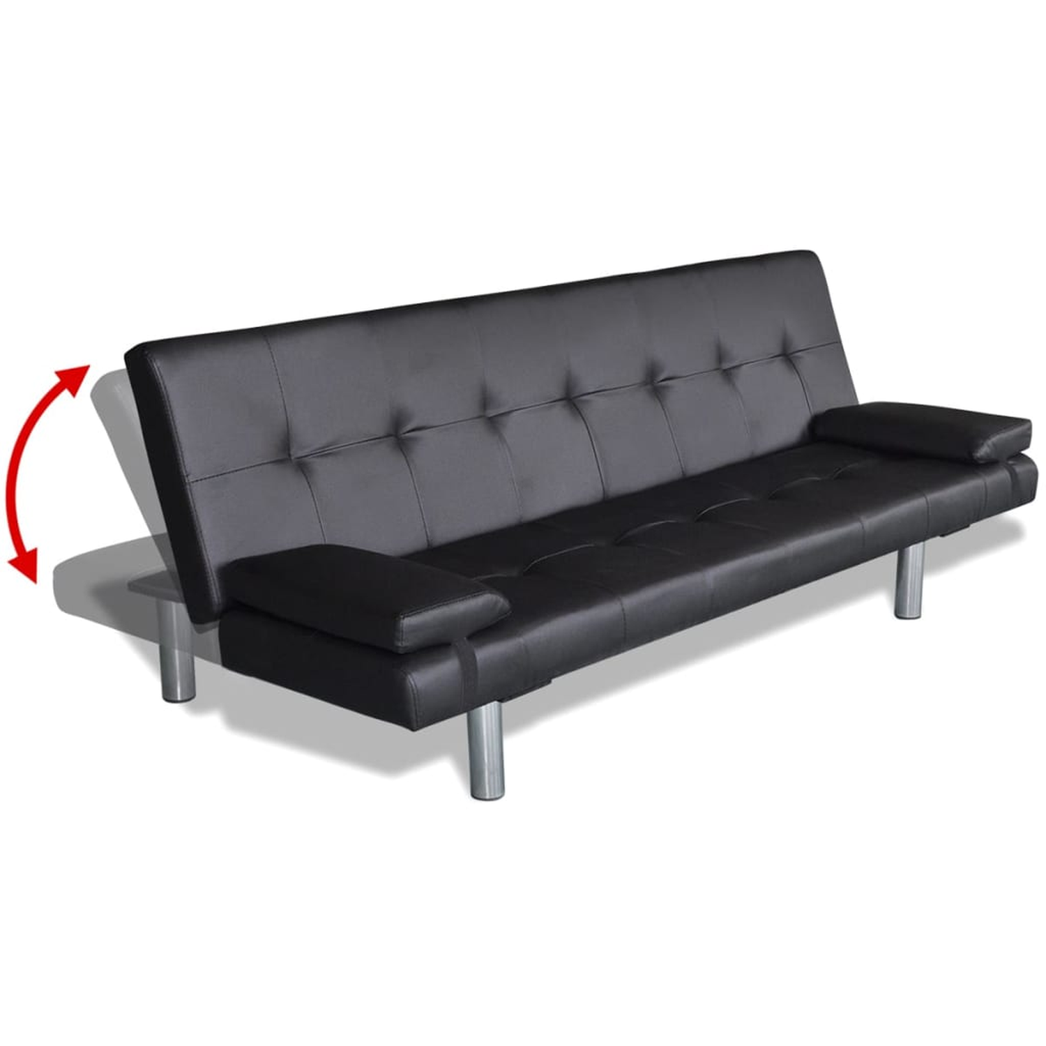 Schwarzes Ledersofa mit silbernen Beinen. Pfeil zeigt die Verstellung an. Armlehnen sichtbar.