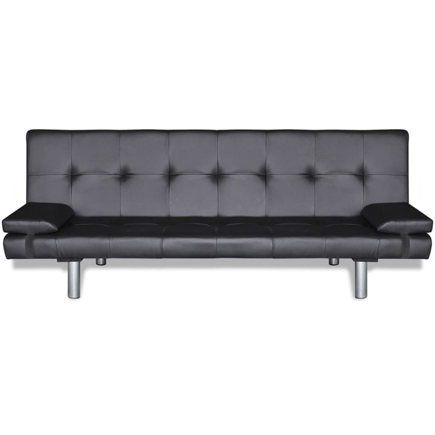 Schwarzes Futon-Sofa mit silbernen Beinen, Studioaufnahme auf weißem Hintergrund.