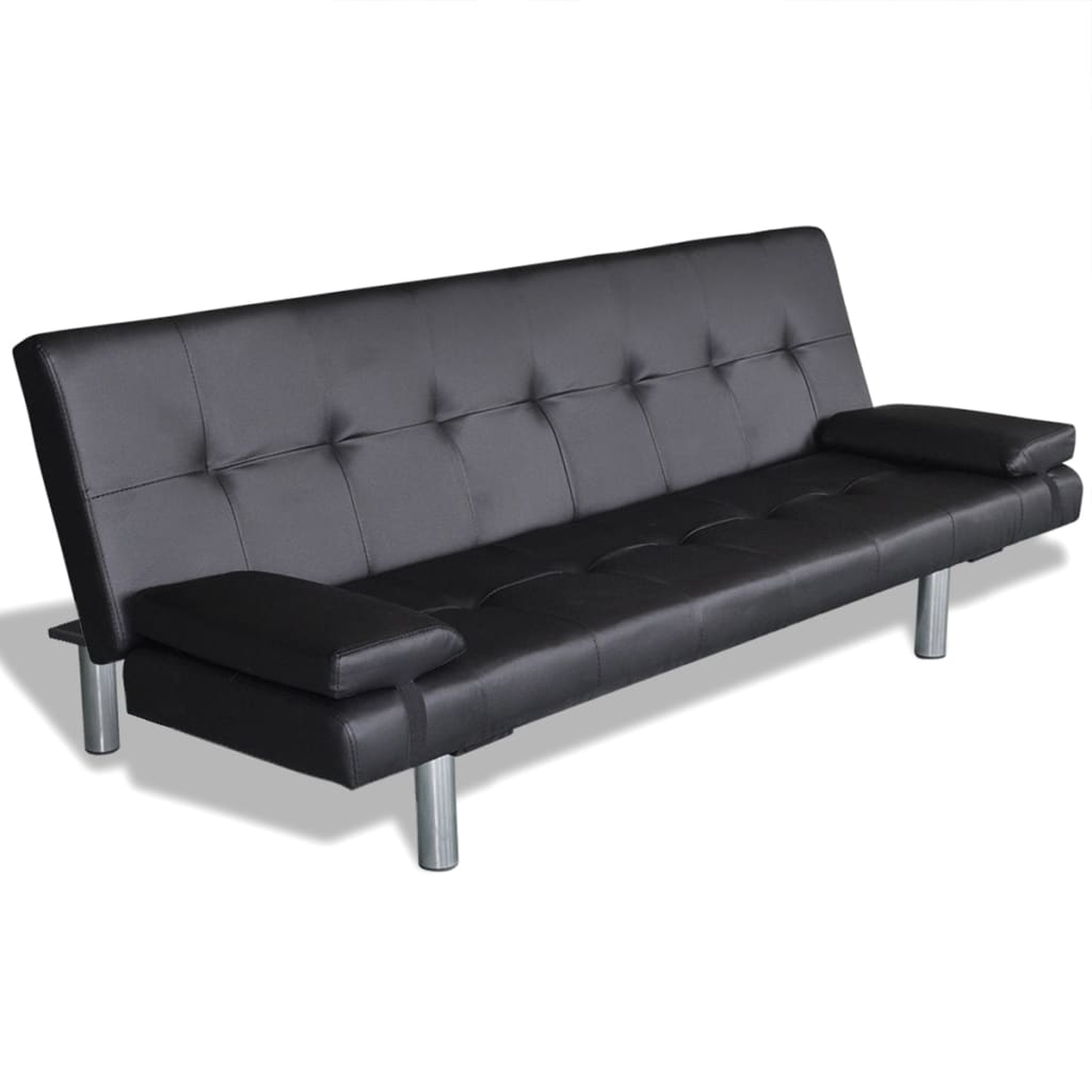 Schwarzes Futon-Sofa mit Armlehnen und Metallbeinen, vor weißem Hintergrund.