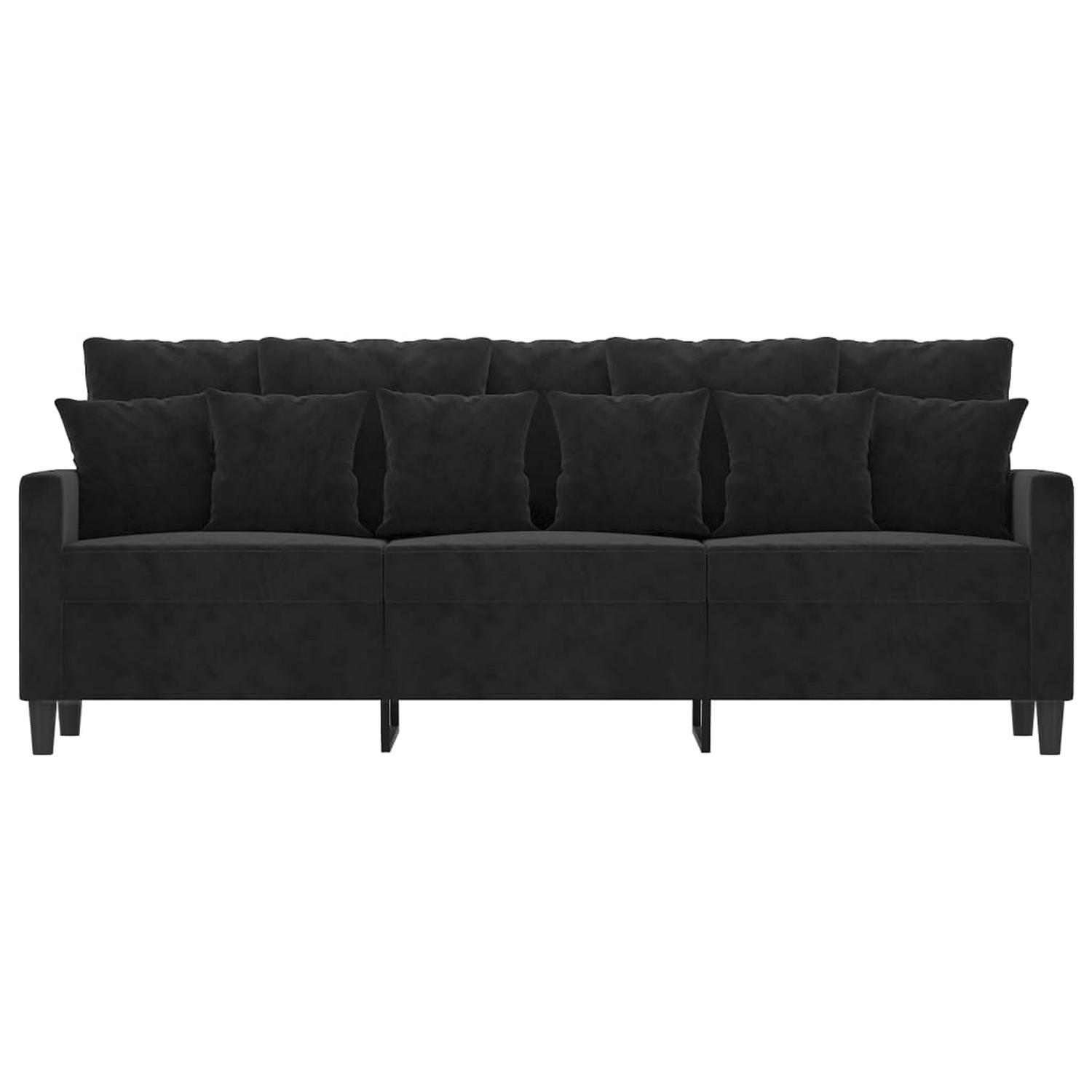 Schwarzes Sofa mit mehreren Kissen, vor weißem Hintergrund.