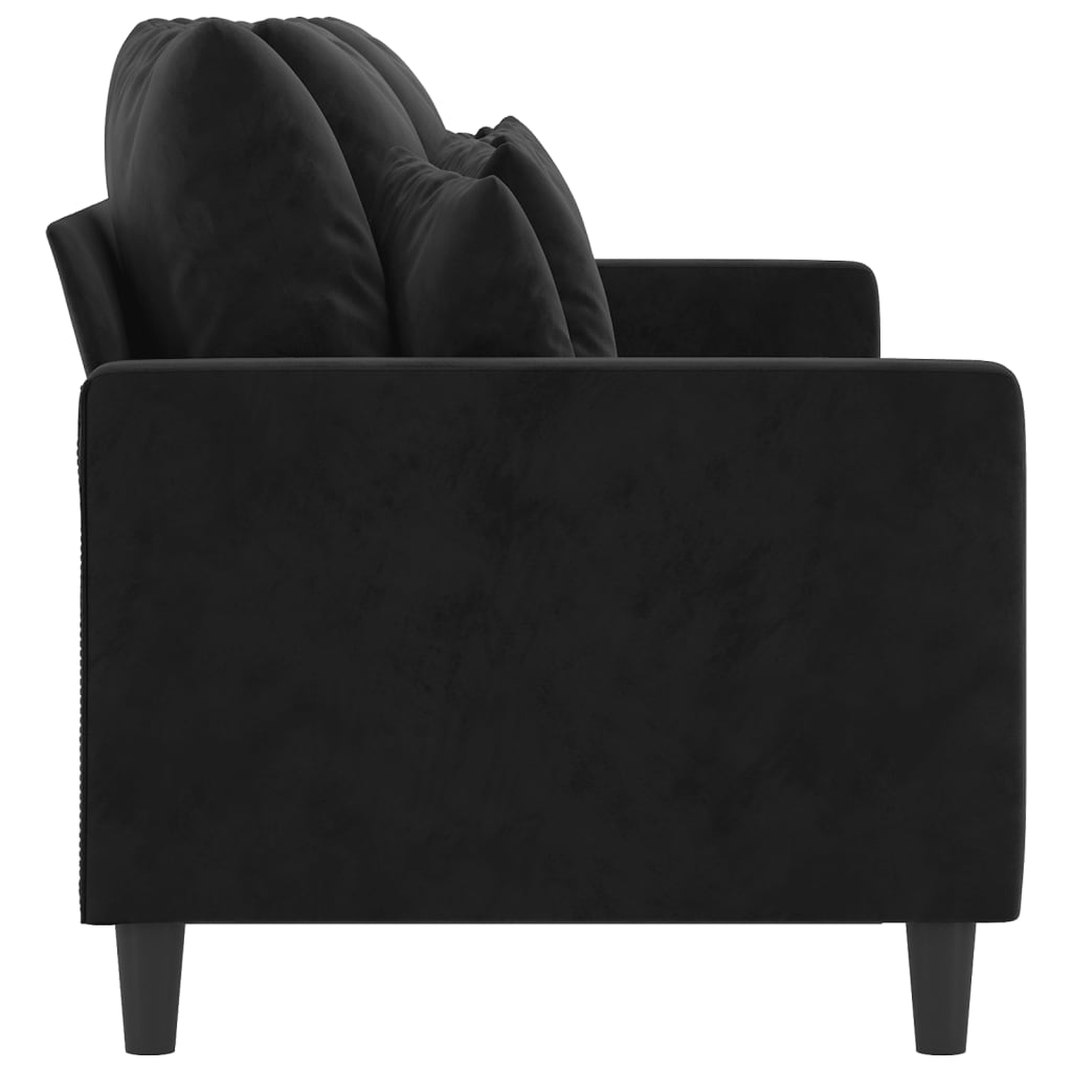 Ein schwarzes Sofa von der Seite, das Armlehne, Sitz, Rückenlehne und Beine auf weißem Hintergrund zeigt.