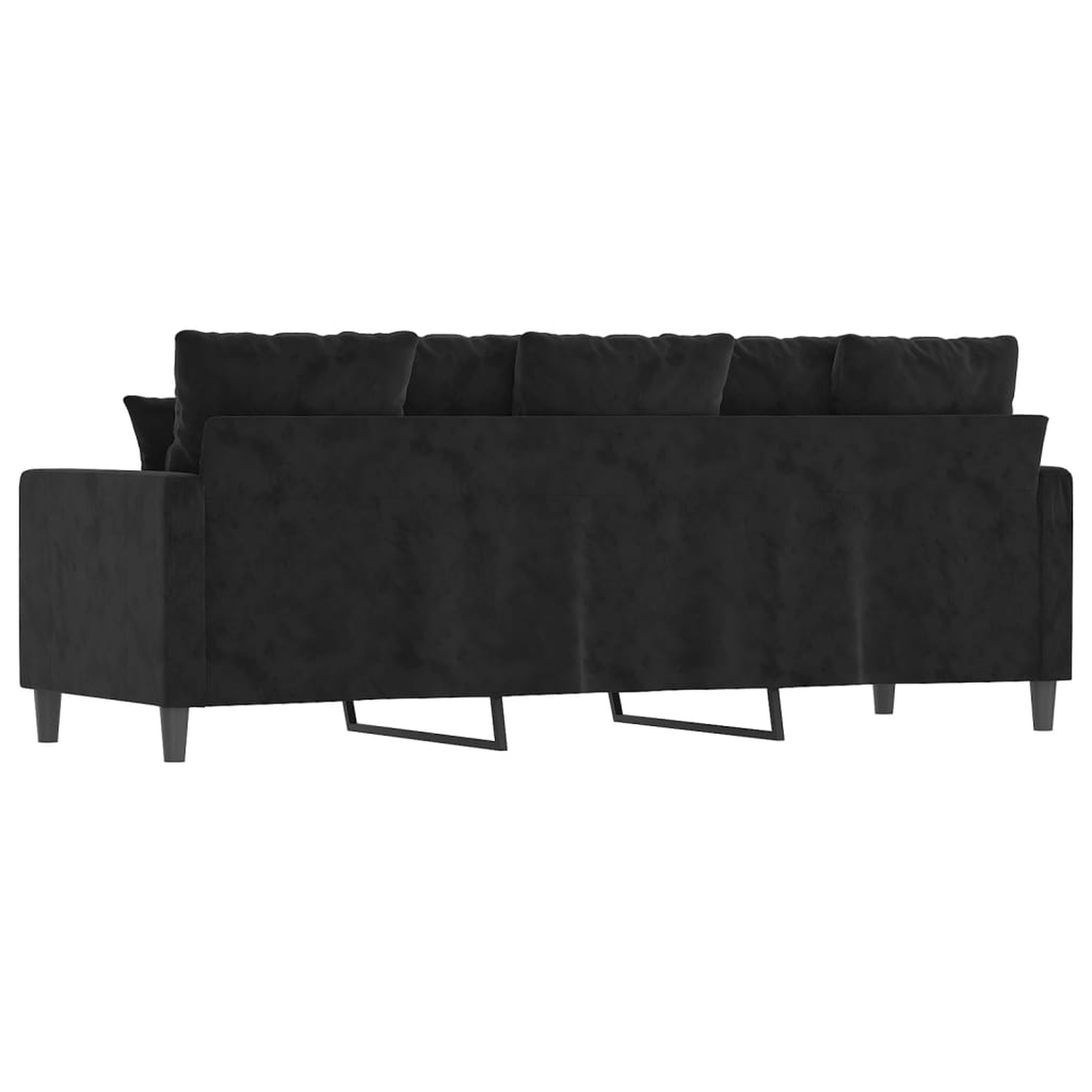 Rückansicht eines schwarzen Sofas mit drei Kissen, vor weißem Hintergrund.