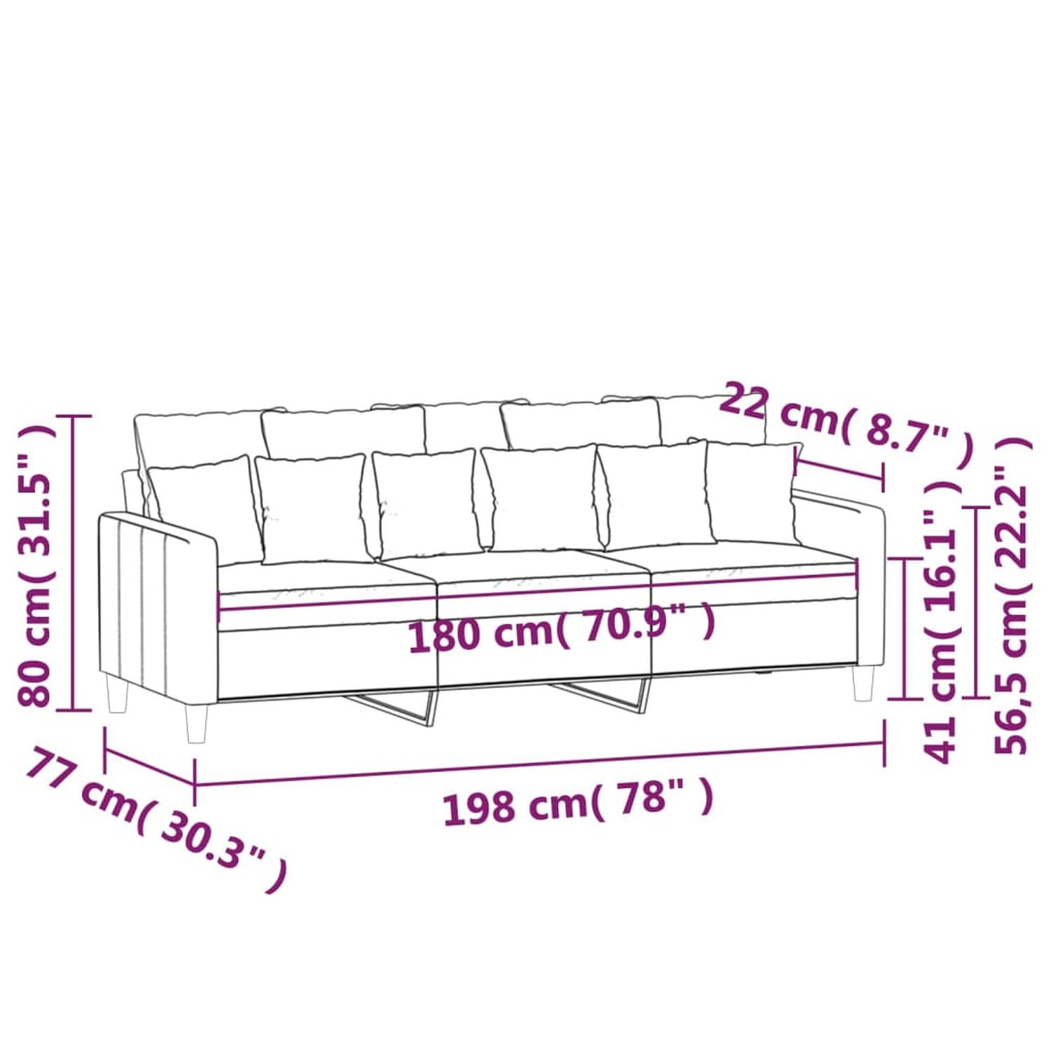 Ein Sofa mit angezeigten Abmessungen, mit mehreren Kissen und einem weißen Hintergrund.