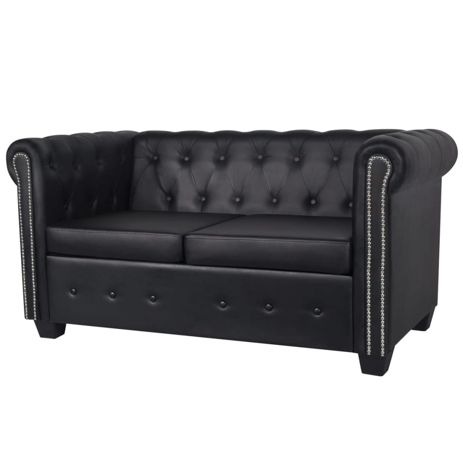 Ein zweisitziges schwarzes Ledersofa mit Knopfheften und silbernen Nieten an den Armlehnen.