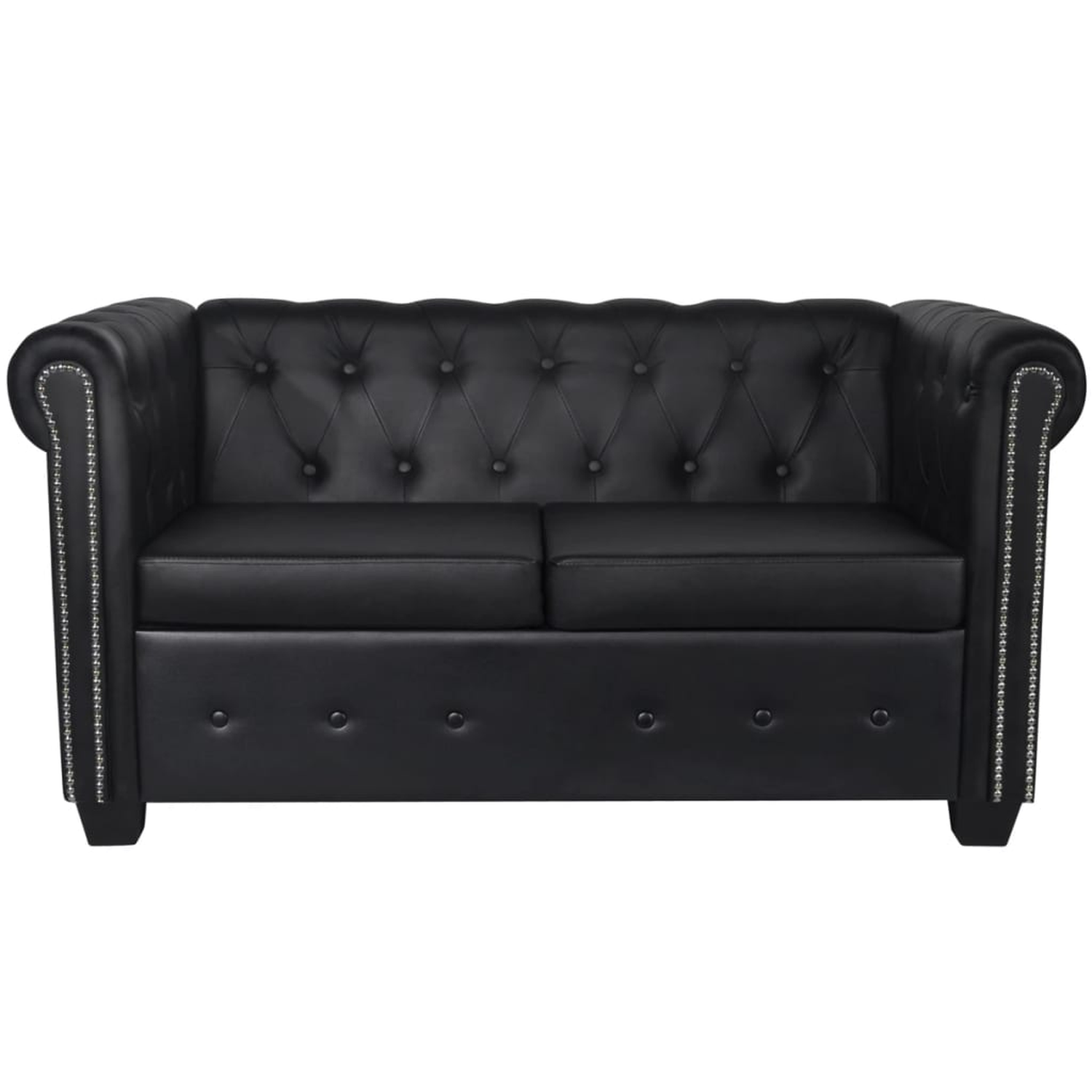 Schwarzes Ledersofa mit Knopf-Tufting-Design vor weißem Hintergrund.