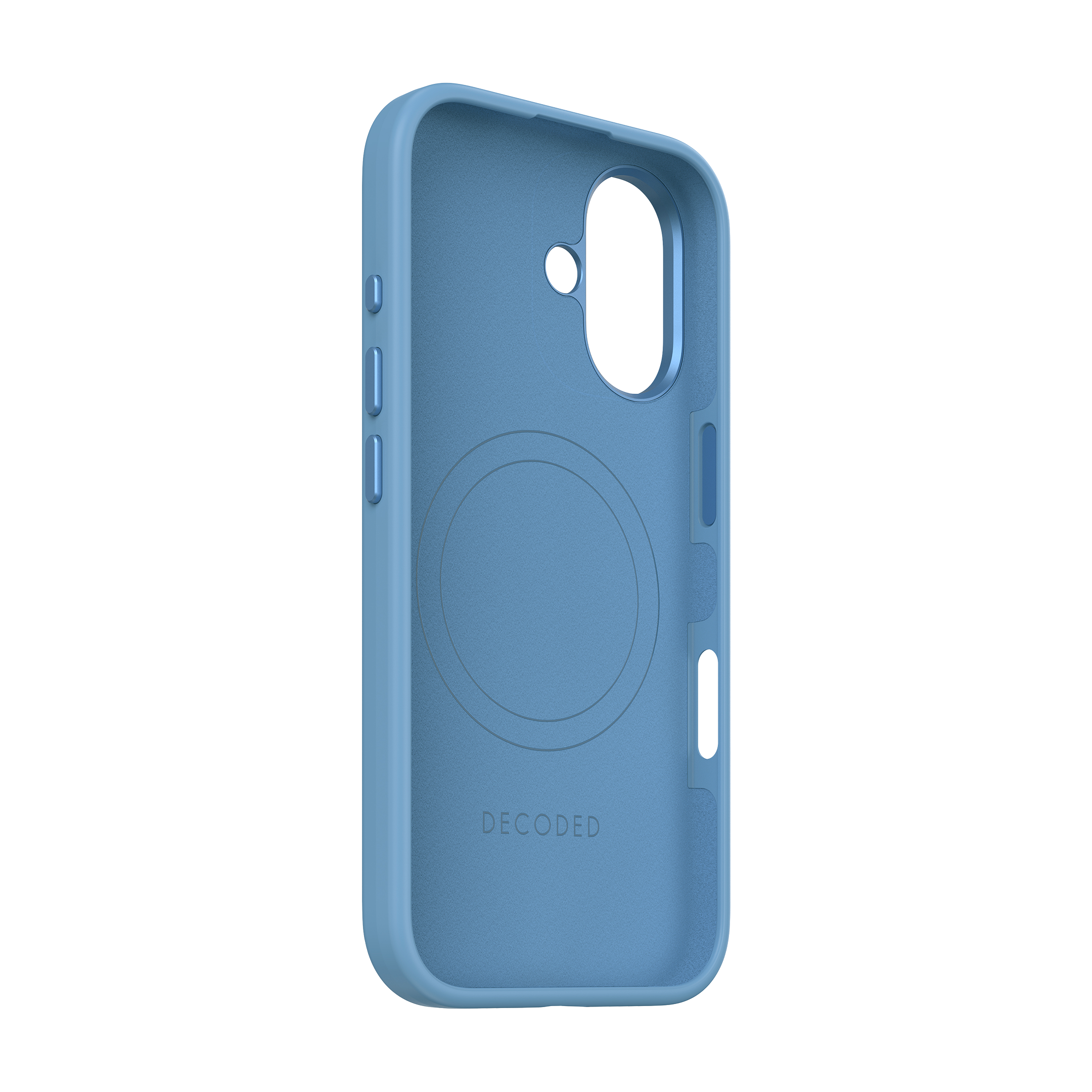 Lichtblauwe telefoonhoes met een cirkelvormig gebied voor draadloos opladen.