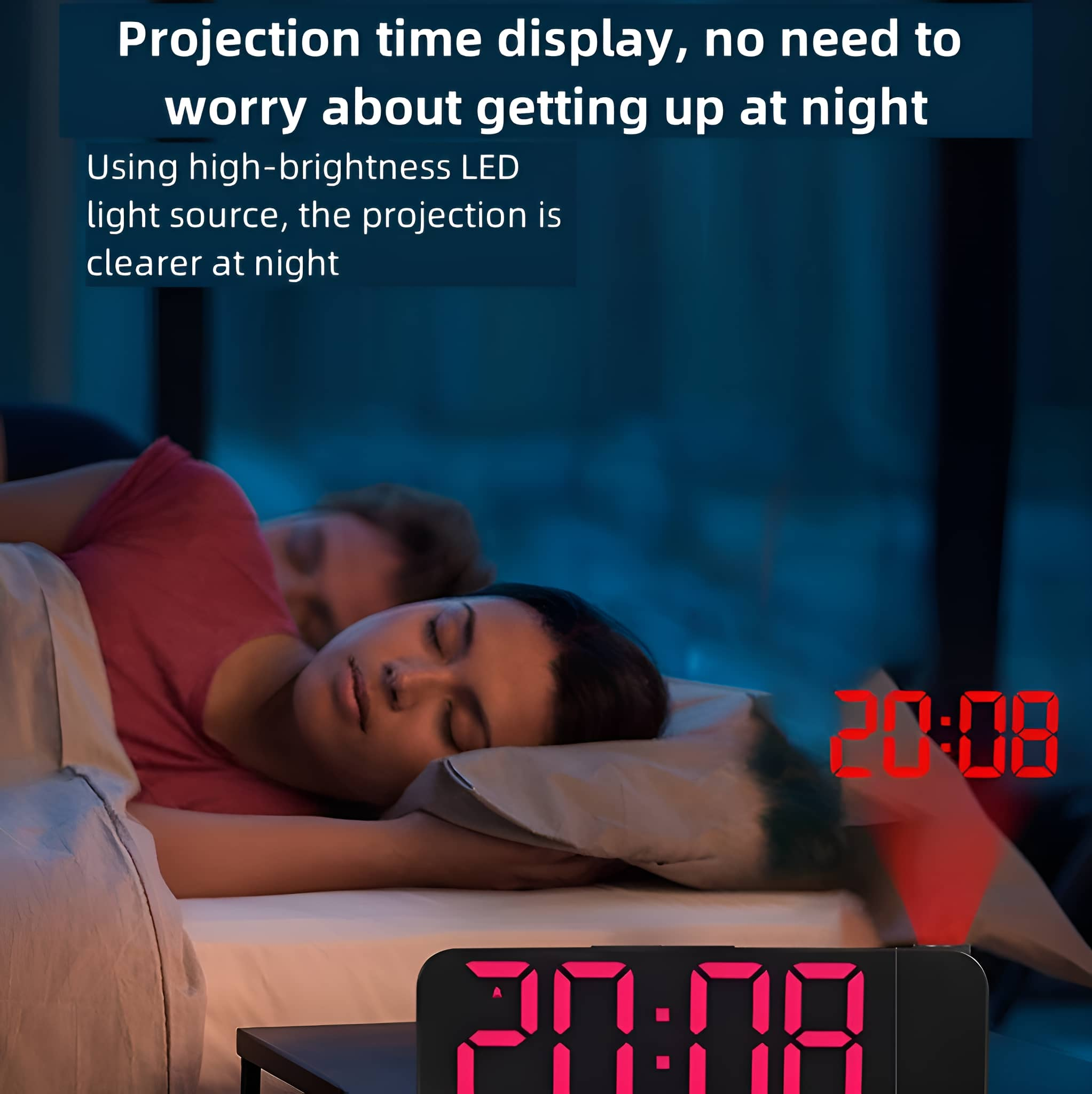 Schlafende Menschen im Bett, Wecker mit roten Zahlen. Text über die Projektionsanzeige der Zeit.