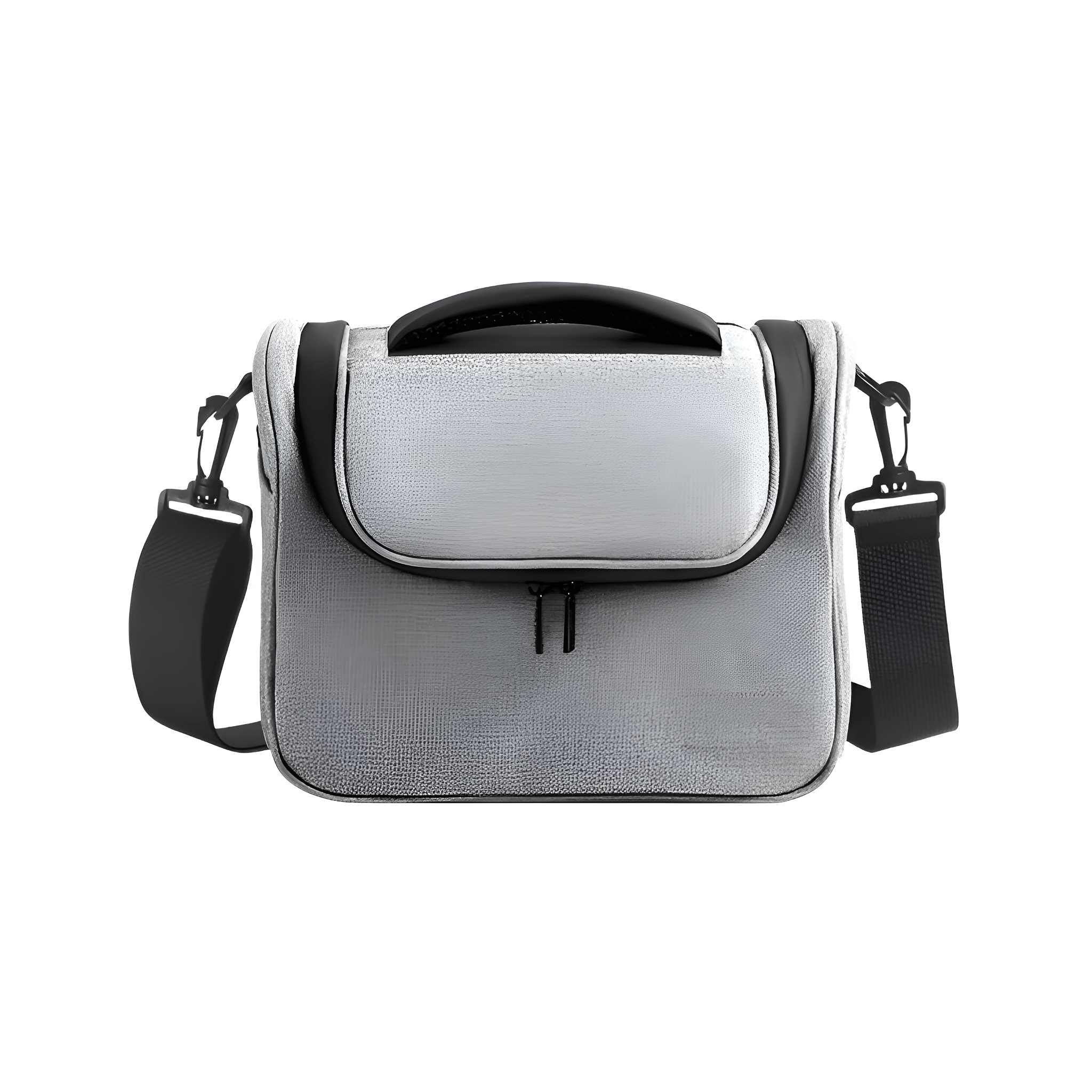 Eine grau-schwarze Tasche mit Henkel und Schultergurt. Der Hintergrund ist weiß.