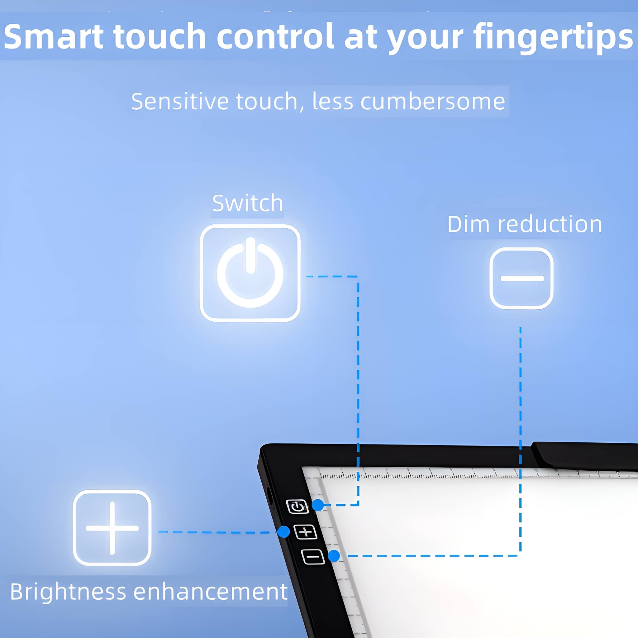 Bedienfeld mit Touch-Symbolen für Schalter, Dimmen und Helligkeitseinstellung auf blauem Hintergrund.