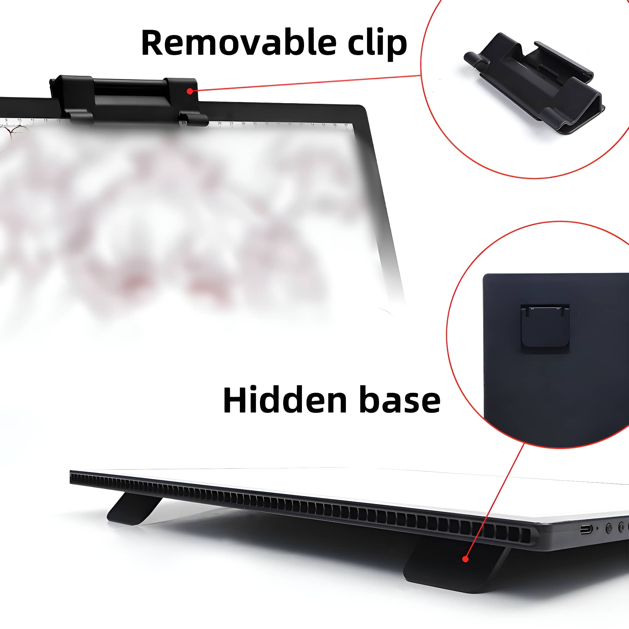 Leselicht-Setup, abnehmbarer Clip und versteckte Basis. Weißes und schwarzes Design.