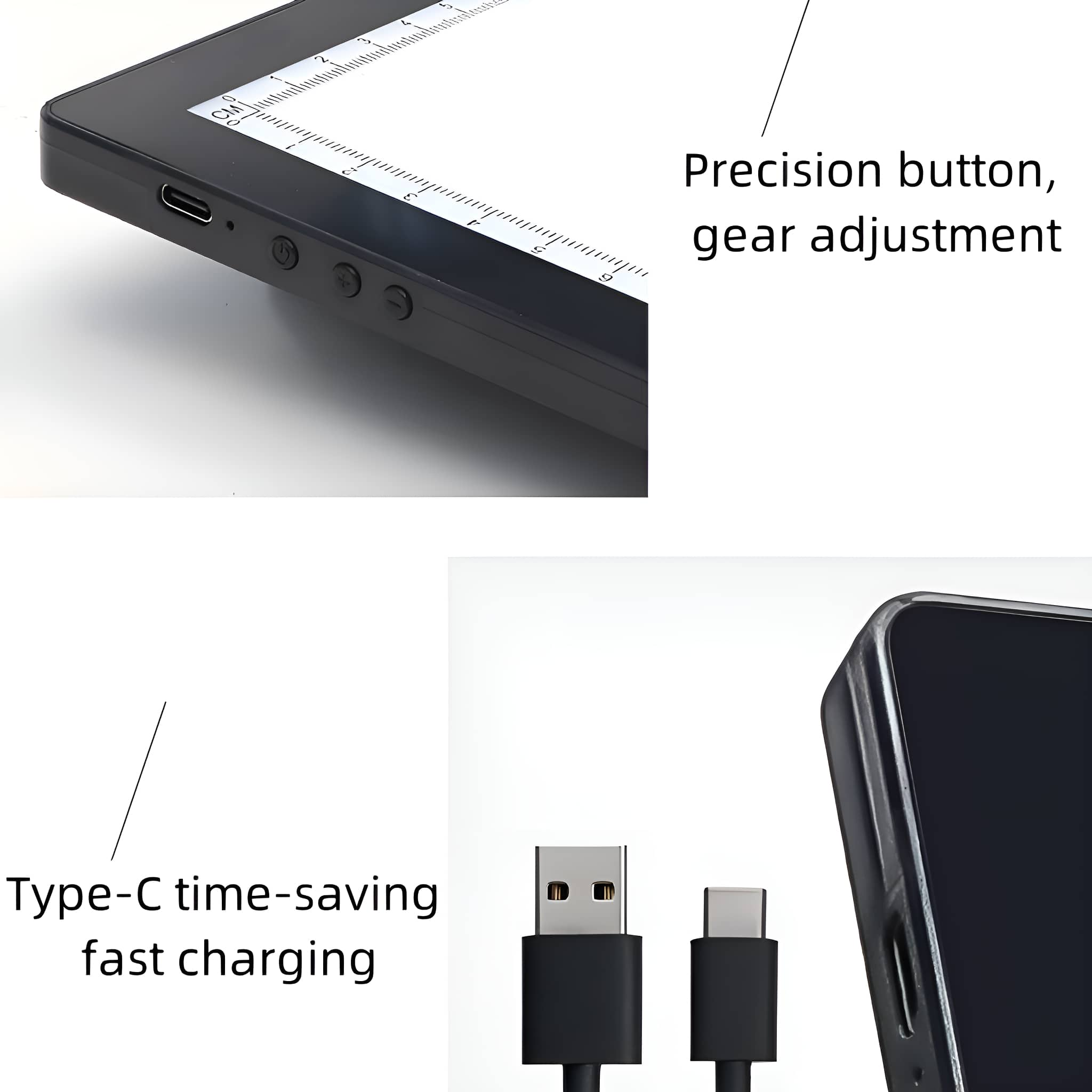 Nahaufnahme eines schwarzen Tablets mit USB-Kabel. Knöpfe sind sichtbar, Funktionen.