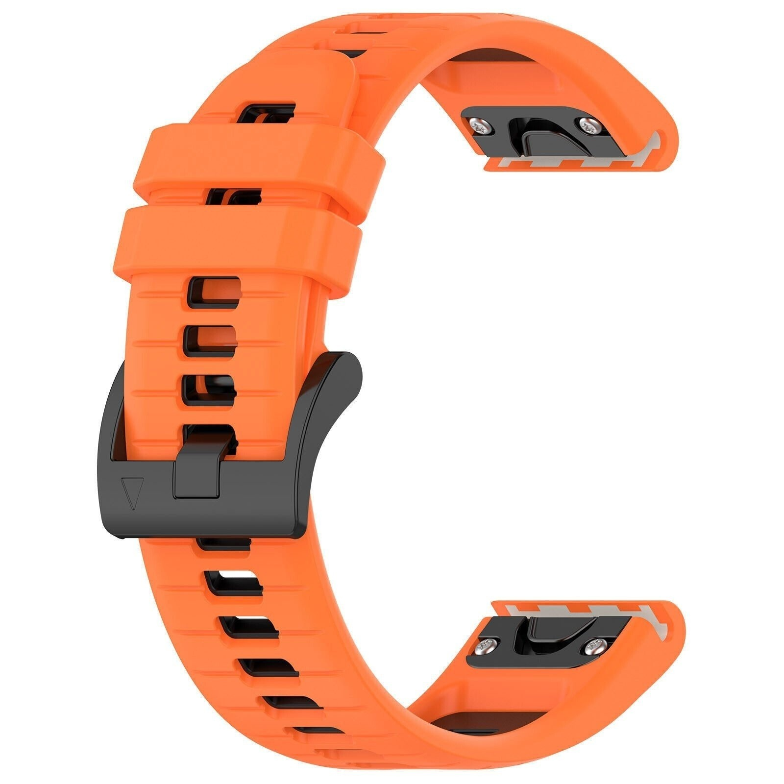 Ein orangefarbenes Uhrenarmband mit einer schwarzen Schnalle.