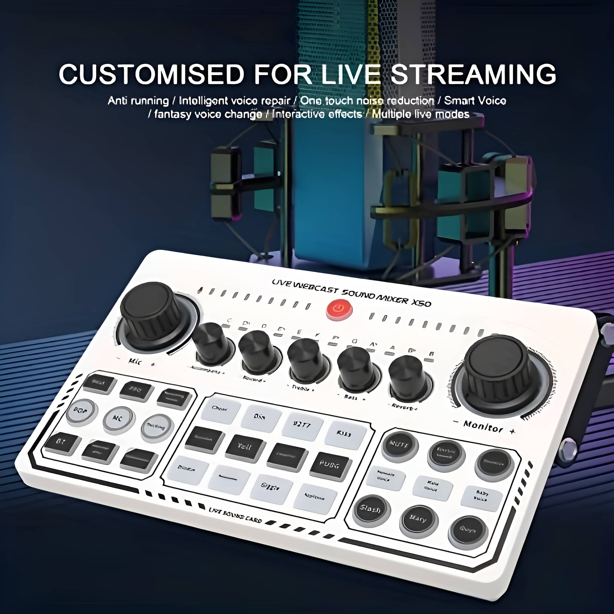 Weißer Live-Webcast-Soundmixer mit Knöpfen, Tasten und einem Mikrofon im Hintergrund.