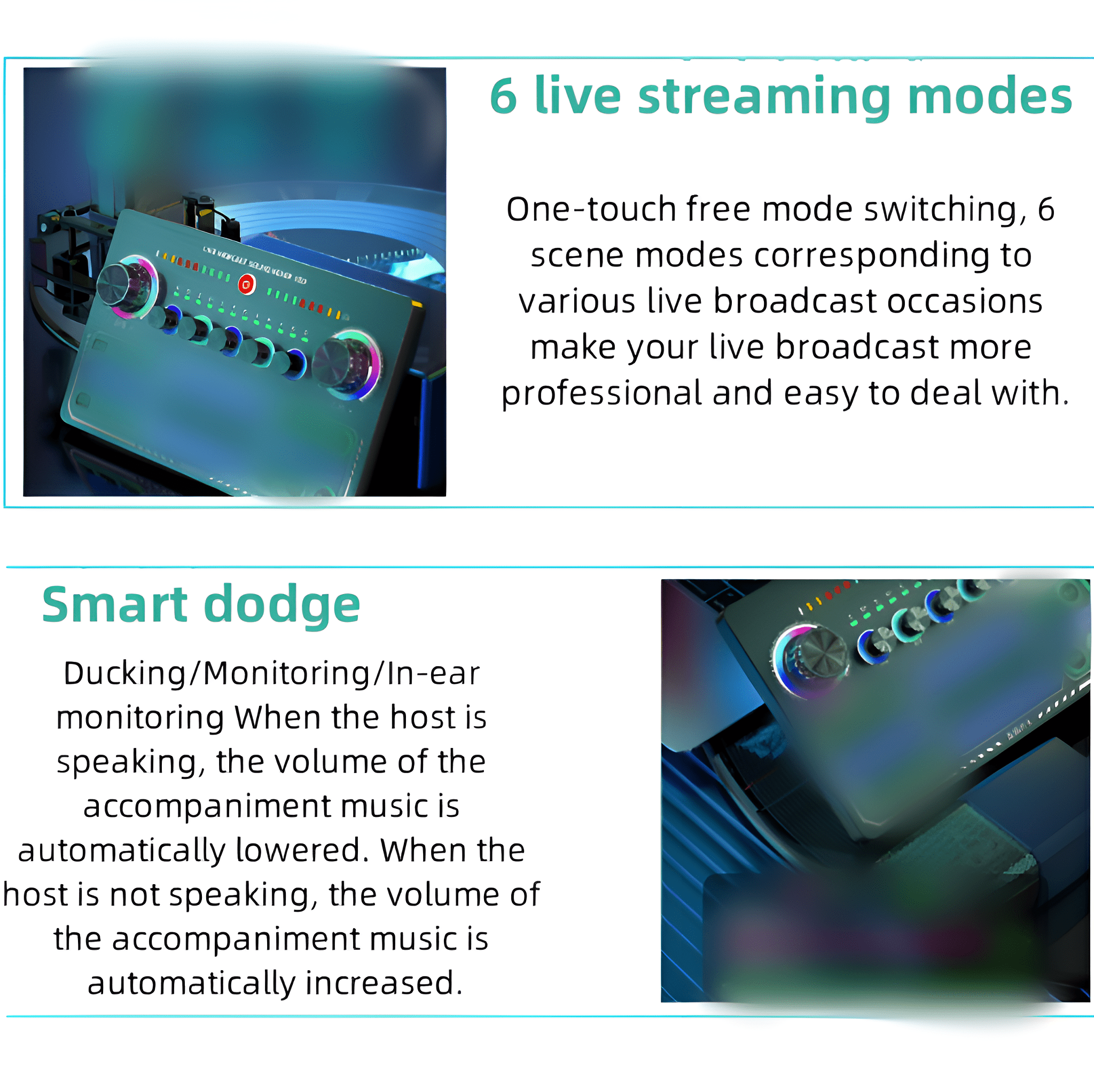 Live-Streaming-Gerät mit Knöpfen und Reglern. Bietet mehrere Live-Modi und Smart Dodge.