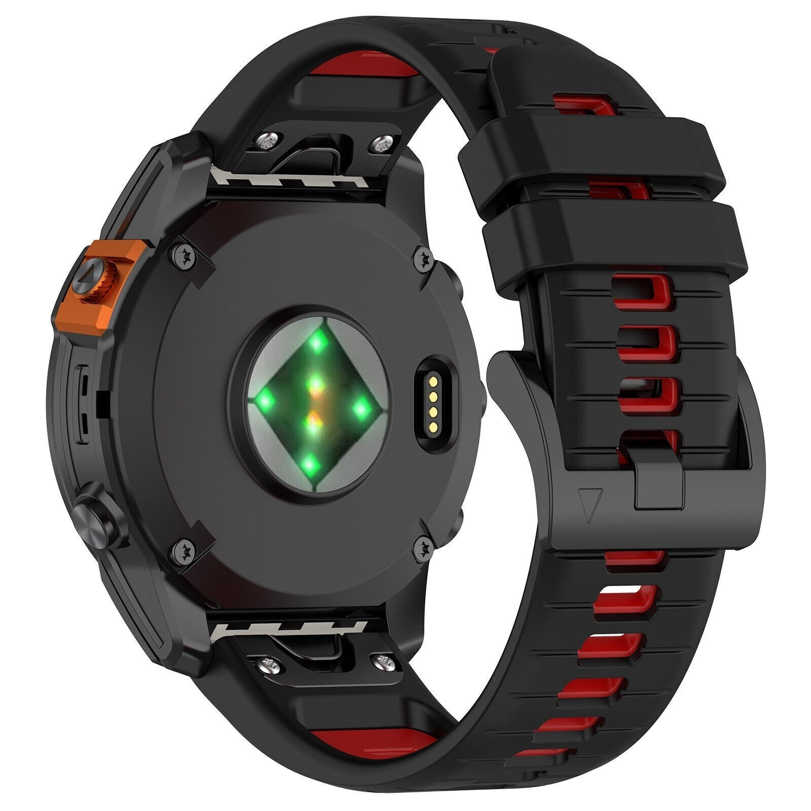 Schwarze Smartwatch, schwarz-rotes Armband, orangefarbene Taste, grüner Lichtsensor auf der Rückseite.