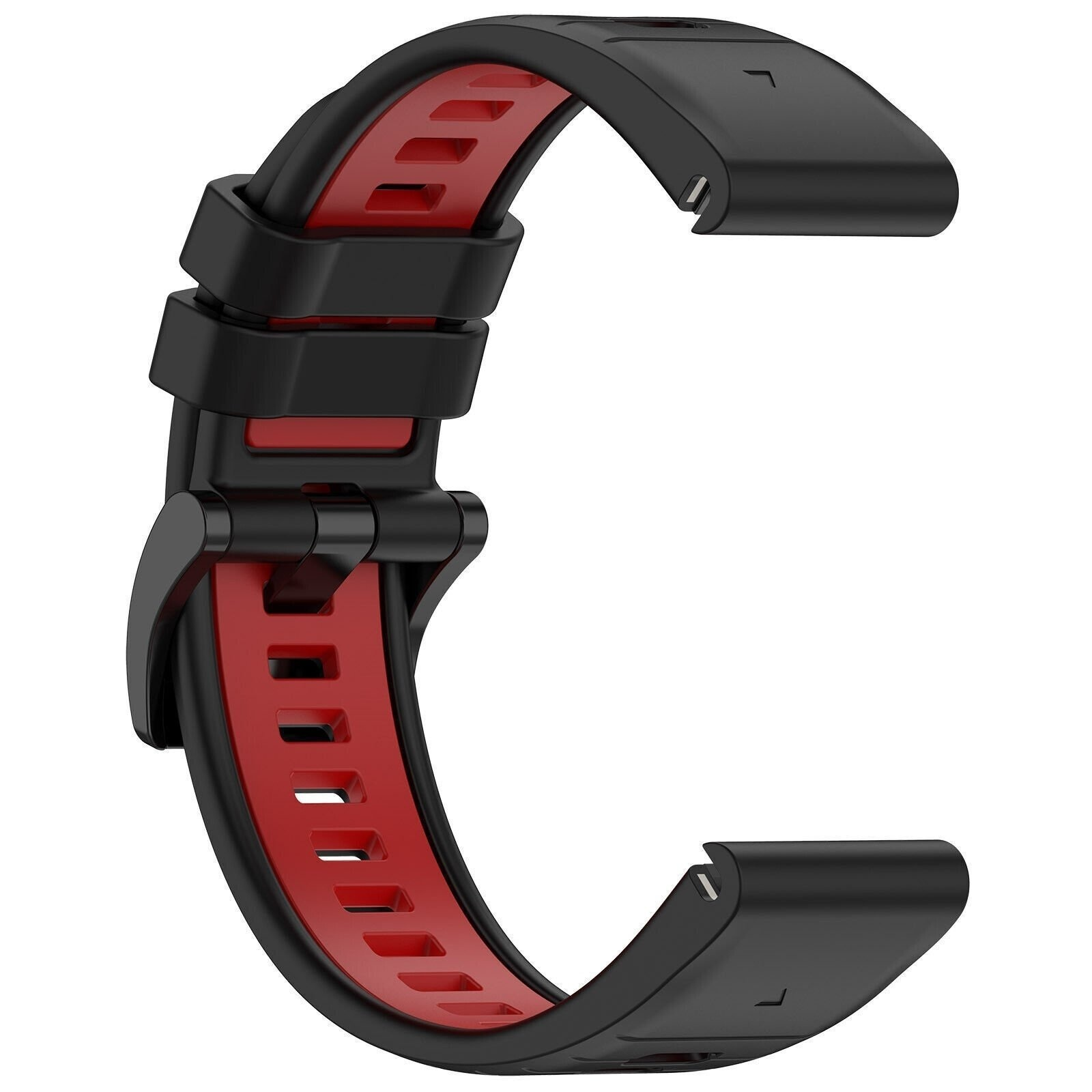 Schwarzes und rotes Armband für eine Smartwatch, teilweise geöffnet.
