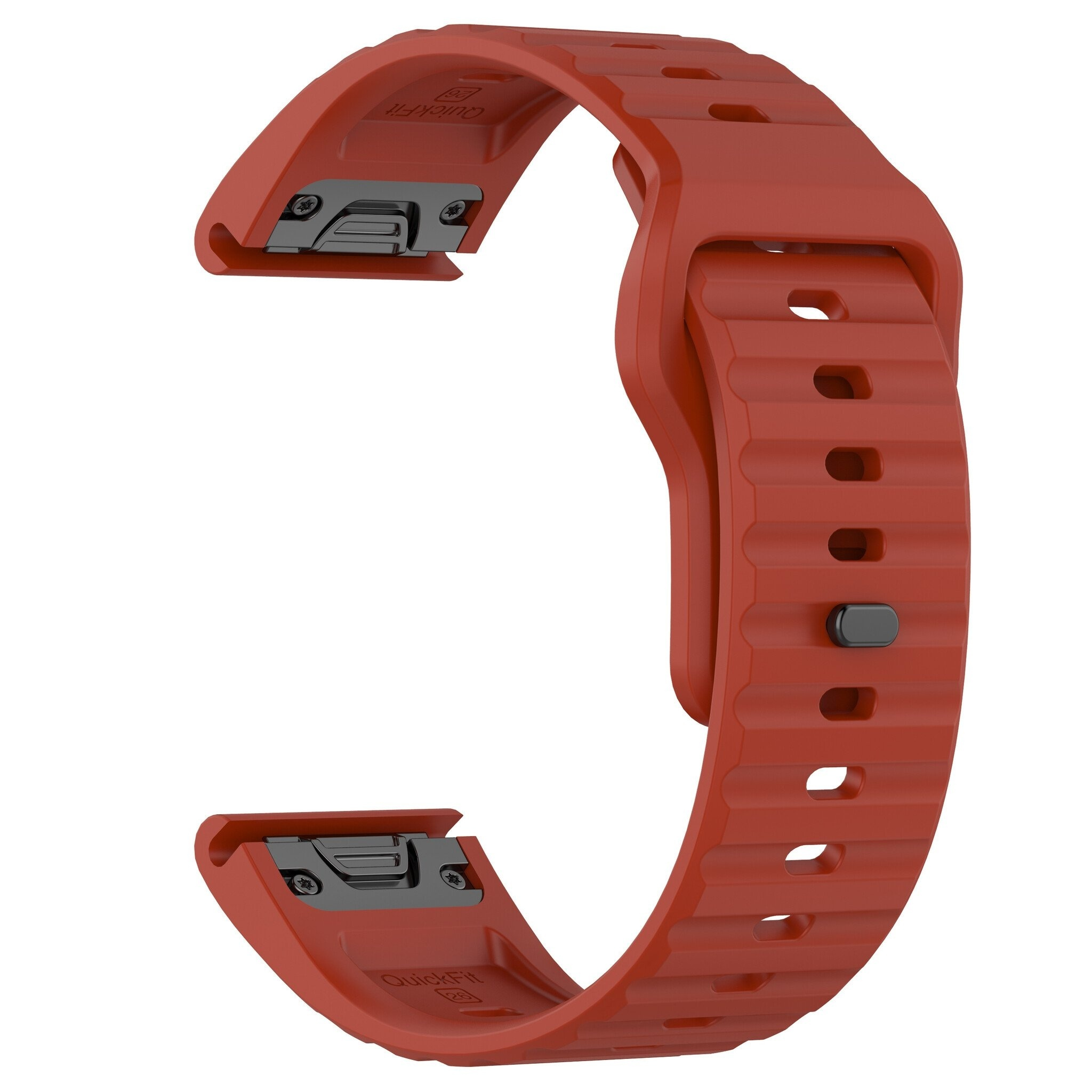 Rotes Uhrenarmband mit Schnellverschluss. Es ist ein geriffeltes Band mit einem schwarzen Metallverschluss.