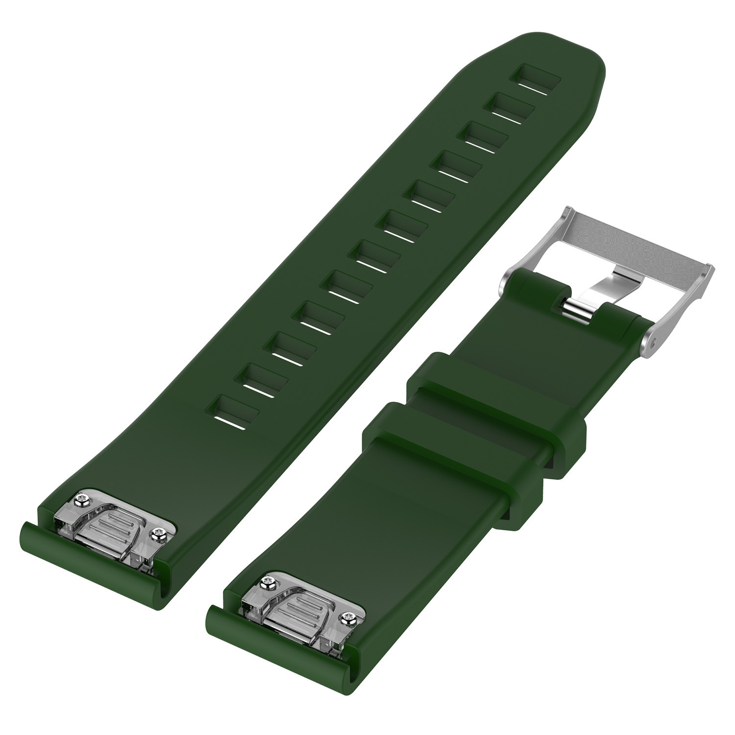 Grünes Uhrenarmband. Zwei Teile mit silberner Schnalle verbunden. Weißer Hintergrund.
