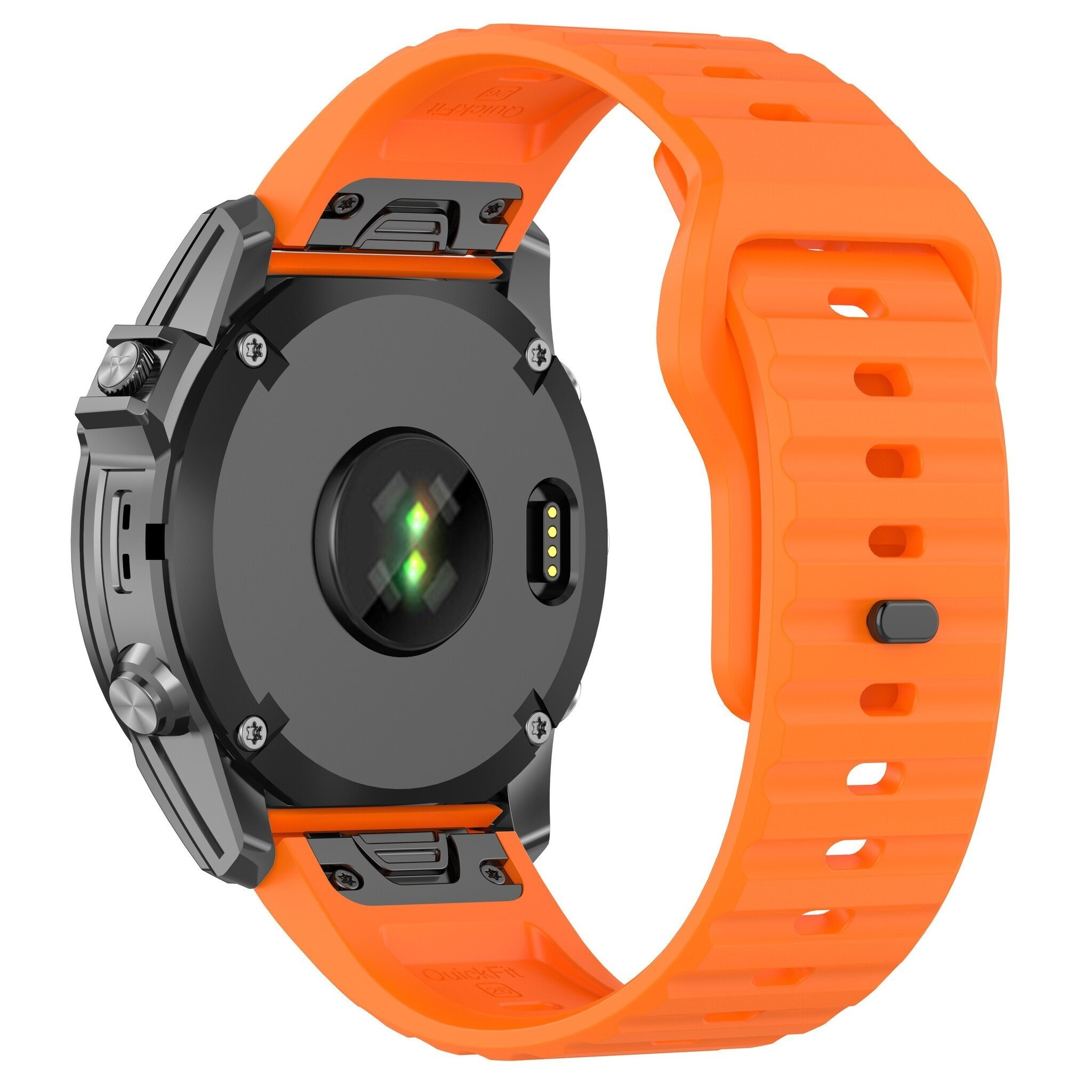 Schwarzes Uhrenarmband mit Schnalle, auf weißem Hintergrund, mit C-Form.