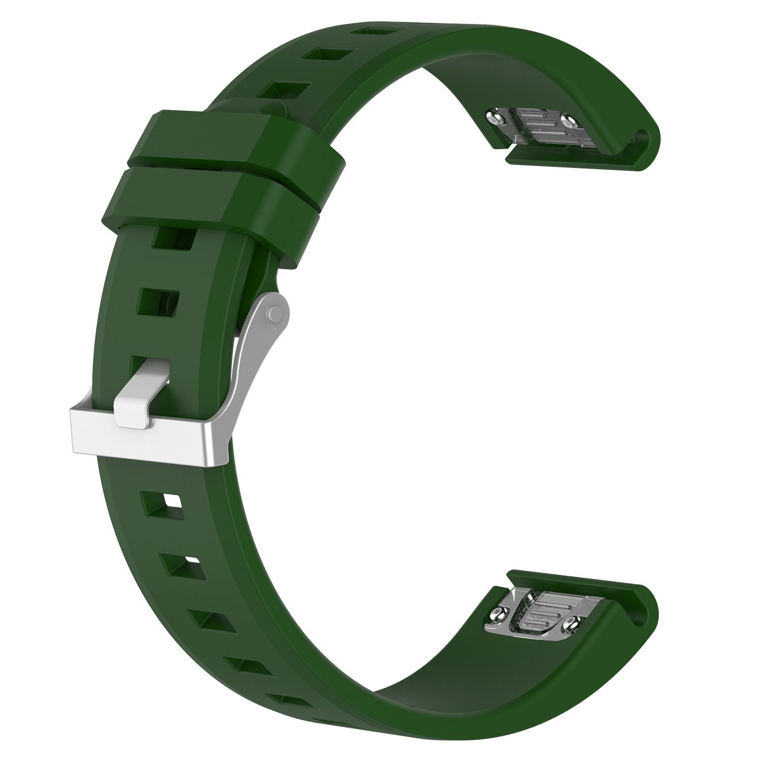 Grünes Uhrenarmband, gebogen, mit Metallschnalle, isoliert auf weißem Hintergrund.