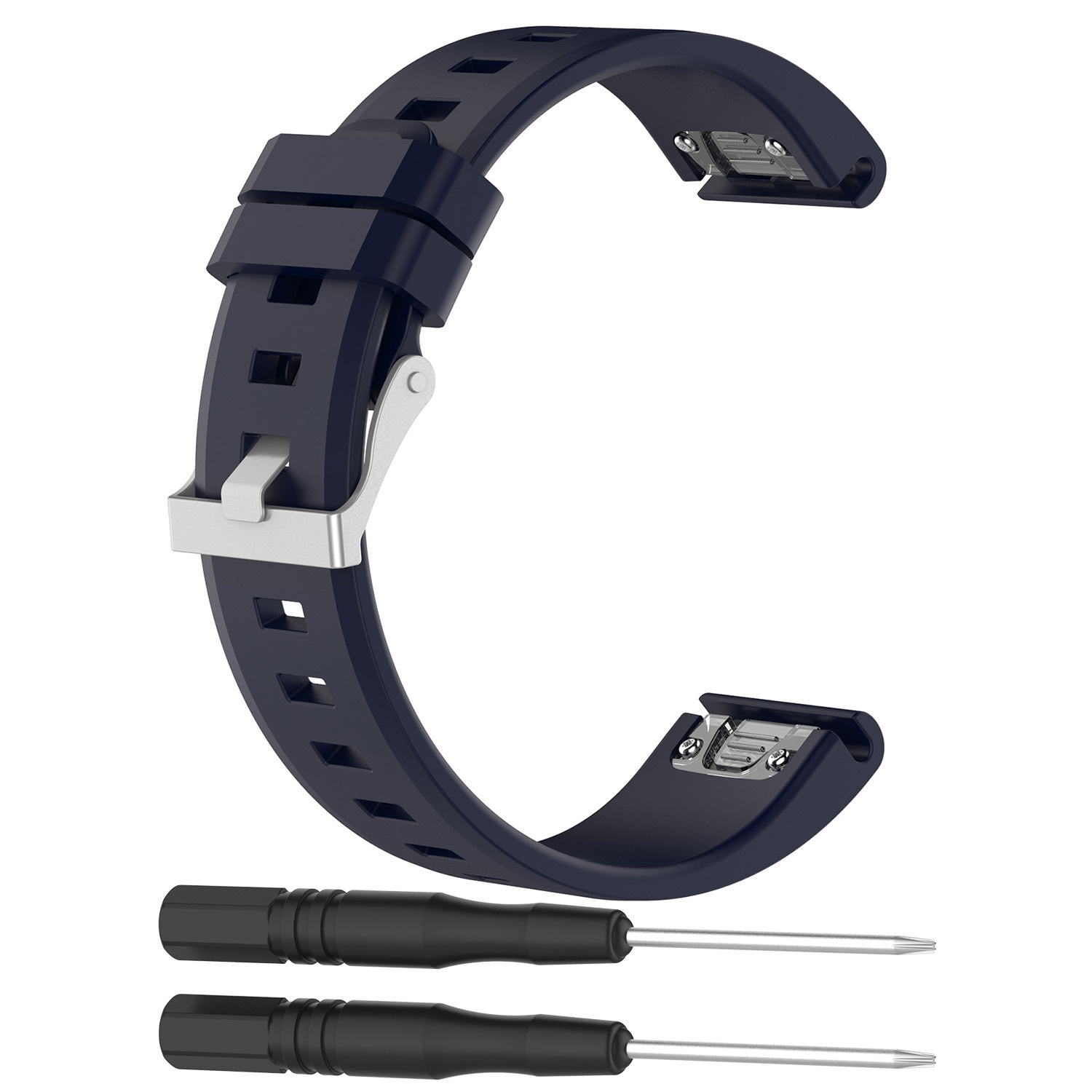 Marineblaues Uhrenarmband mit silberner Schließe. Zwei schwarze Schraubendreher enthalten.