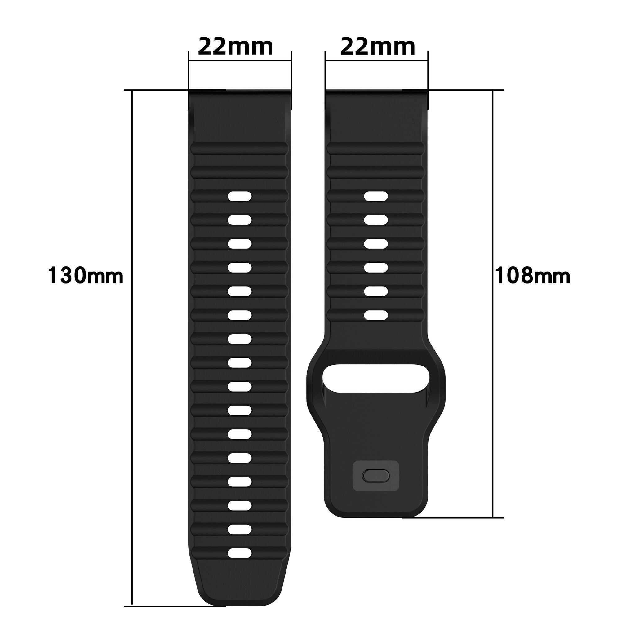 Zwei schwarze Uhrenarmbänder nebeneinander mit Abmessungen in mm. Die Armbänder haben Löcher.