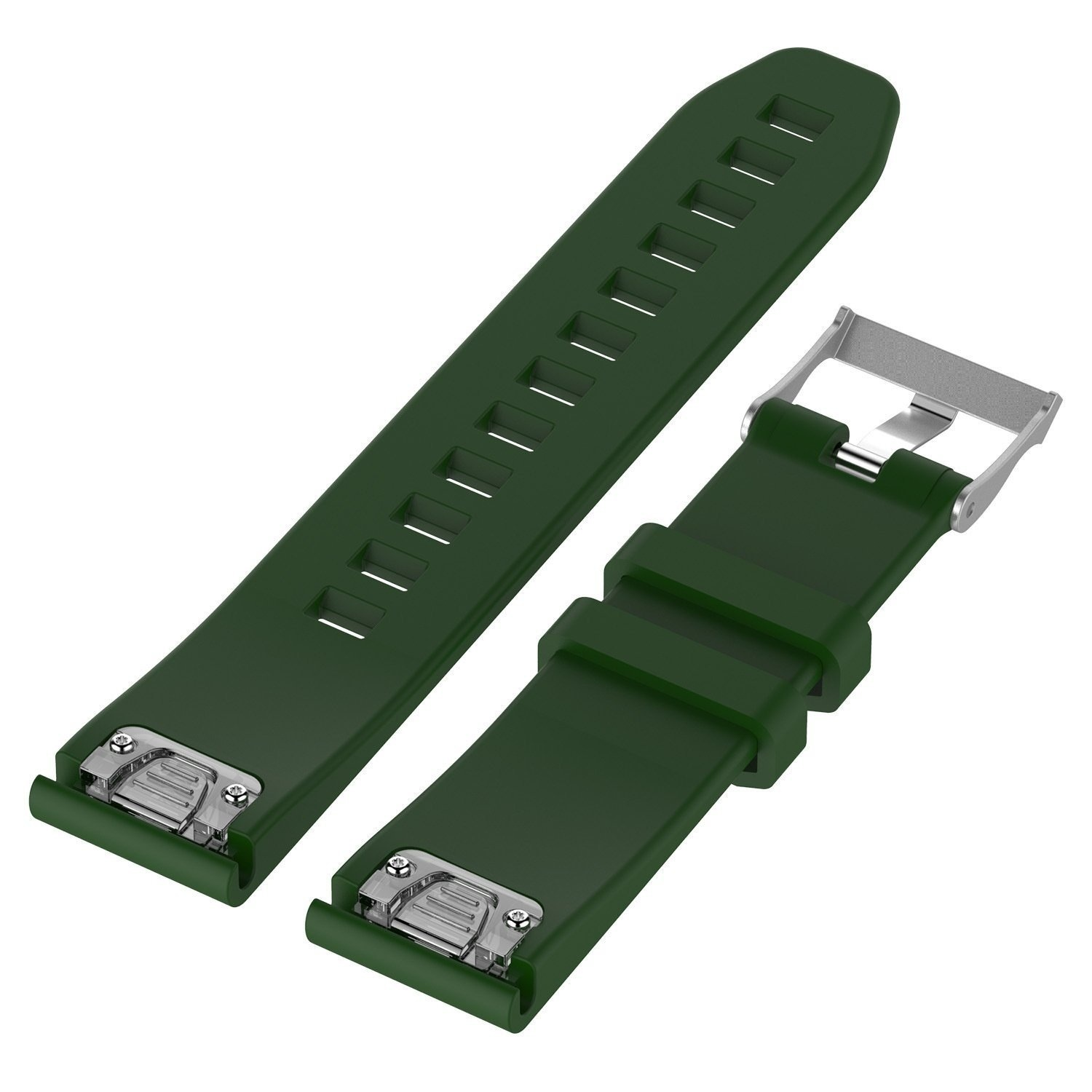 Grüne Uhrenarmbänder, zweiteilig, mit silberner Schnalle. Weißer Hintergrund.