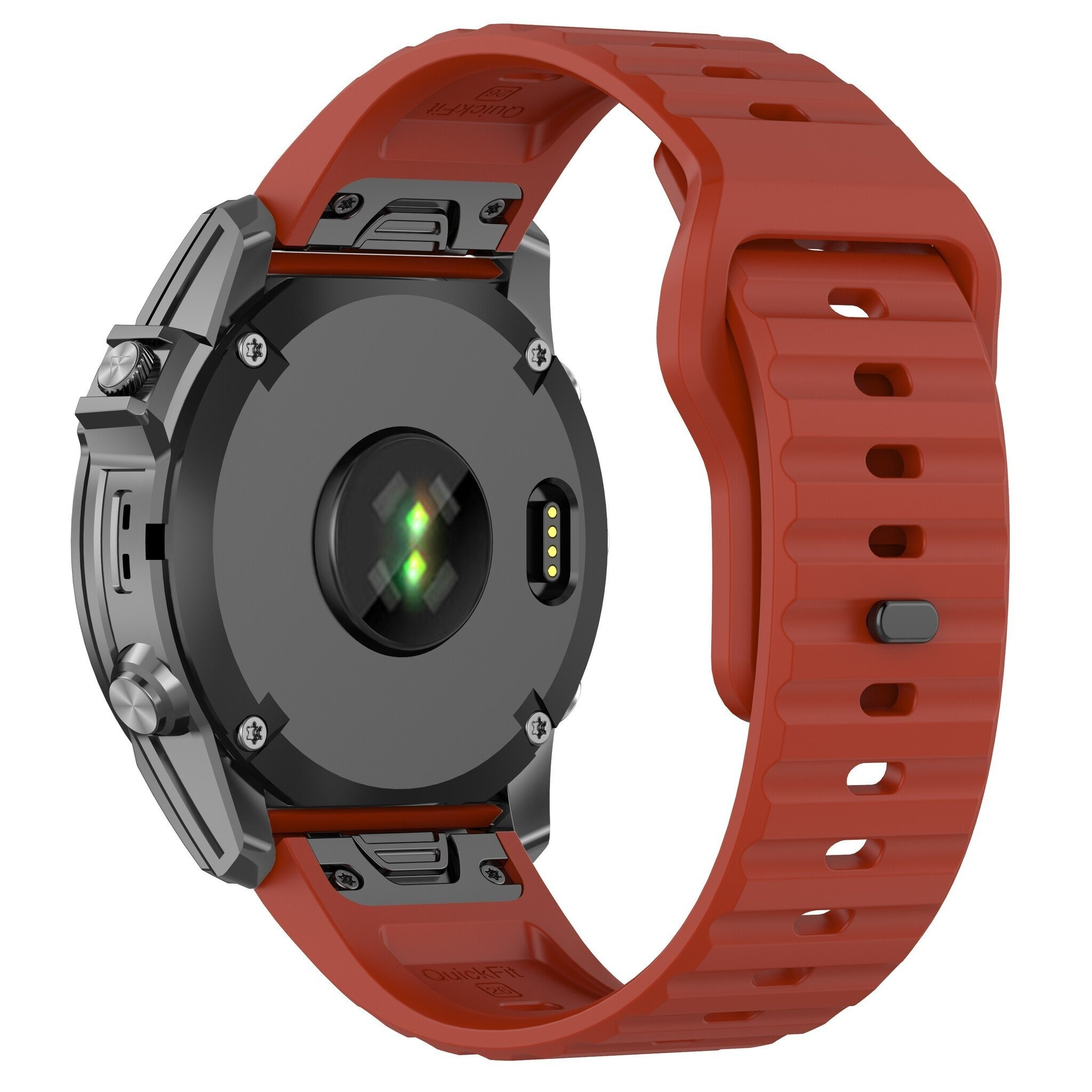 Rückansicht einer Smartwatch mit rotem Armband und Herzfrequenzsensor.